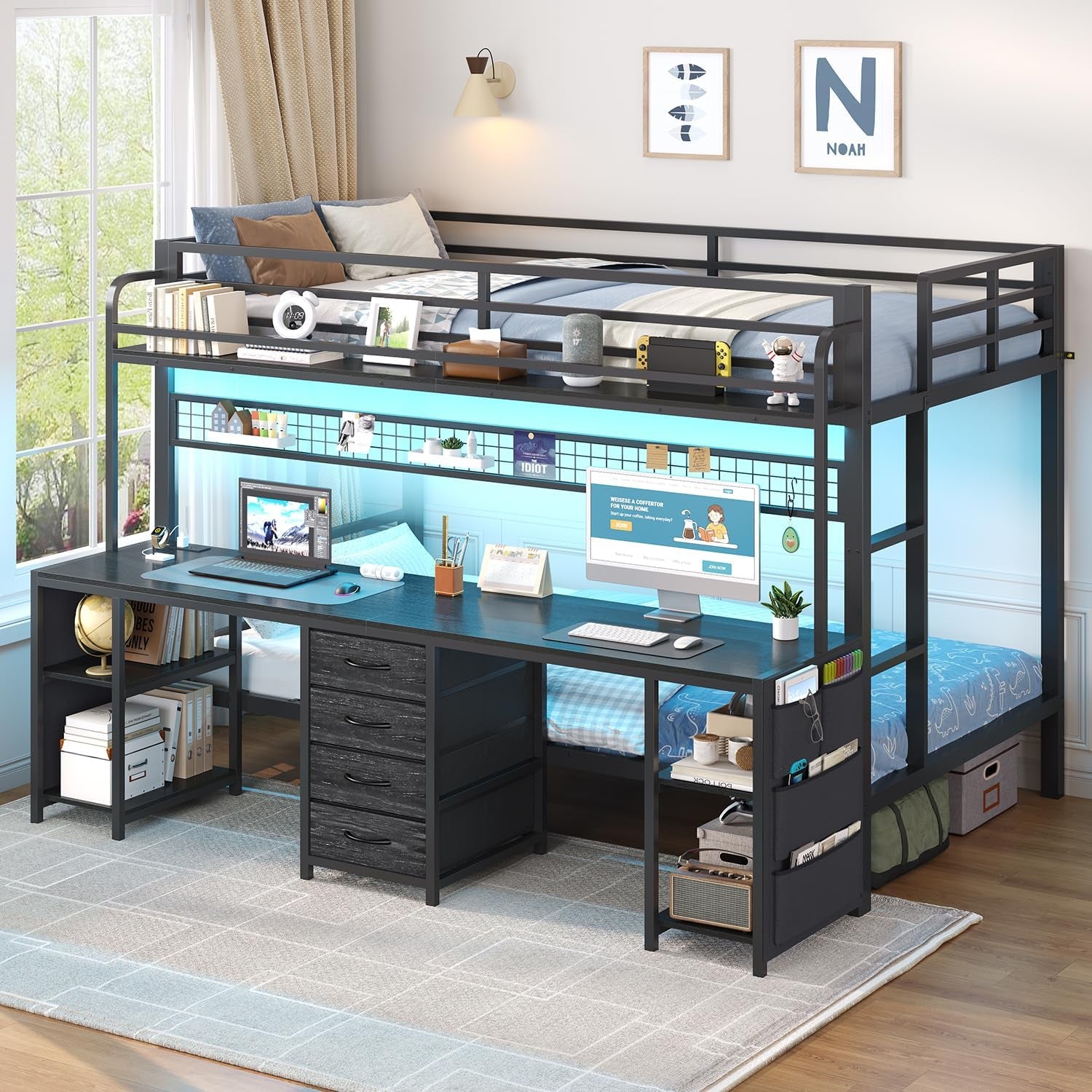 Bunk Bed Twin over Twin with 2 Person Desk, LED Lights, Black | Twin Bunk Bed with 4 Drawers,Storage Rack, 4 Shelves and Power Outles, Safety Guardrail for Kids/Teens Bedroom