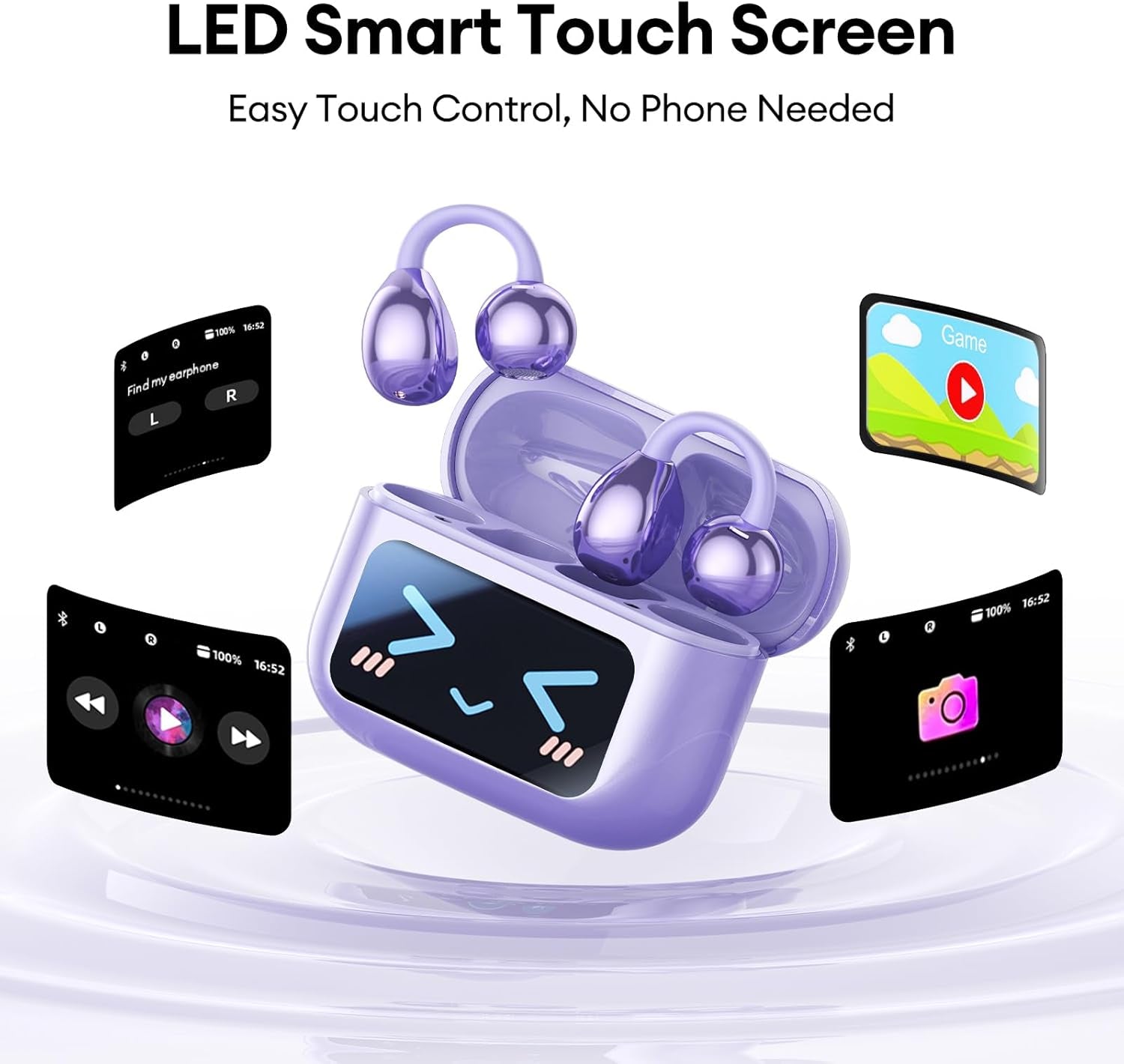 Stylish Open Ear Clip on Earbuds with Removable Butterfly Earring, Clip on Headphones with LCD Touch Screen, Fashionables Open Ear Headphones for Women, Butterfly Earring Purple Earbuds