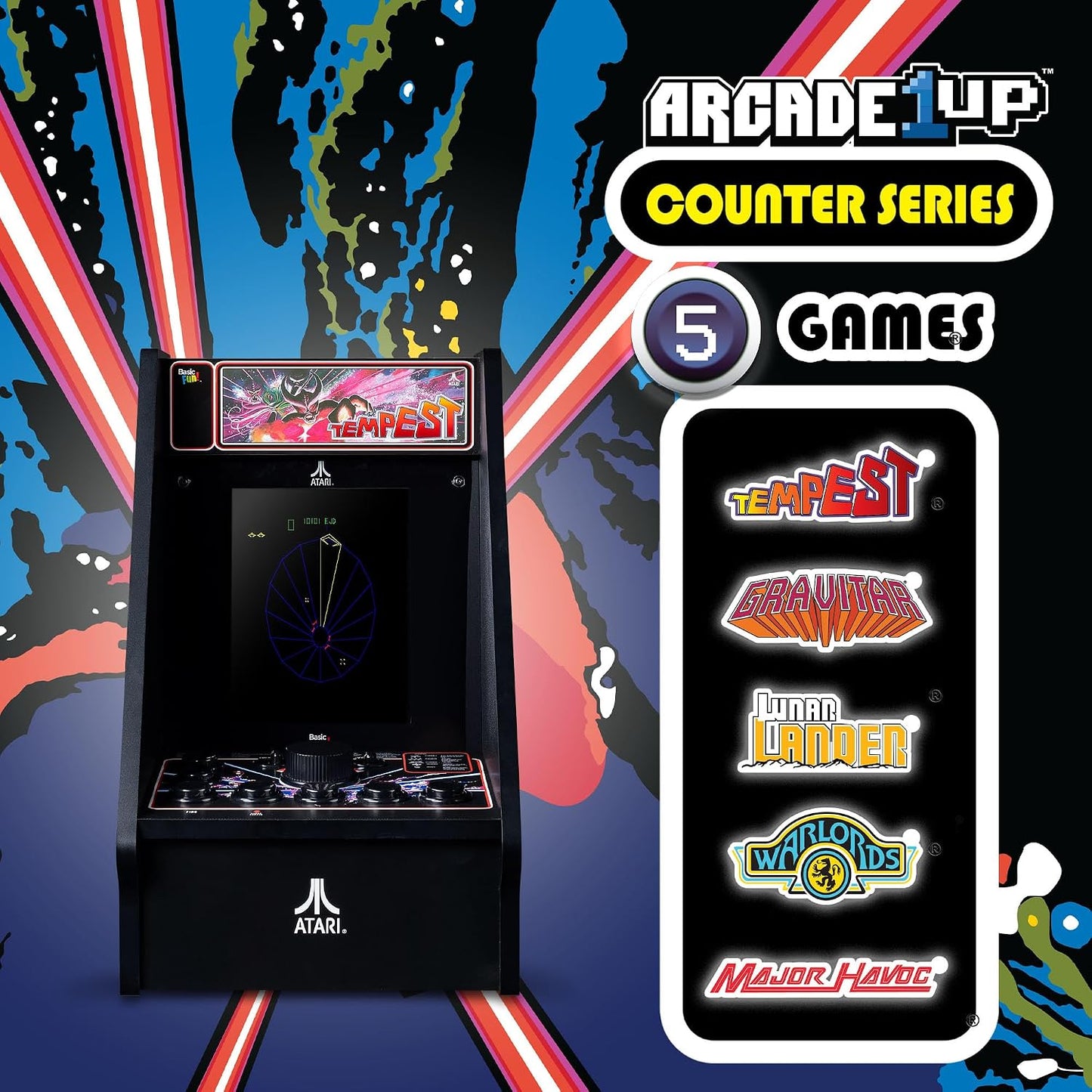 - Atari Tempest Counter Series Game Machine, 5 Games, 8" Liquid Crystal Screen - Mini Cabinet, Portable Gaming, Retro, Countertop Console, Basement Decoration, Man Cave