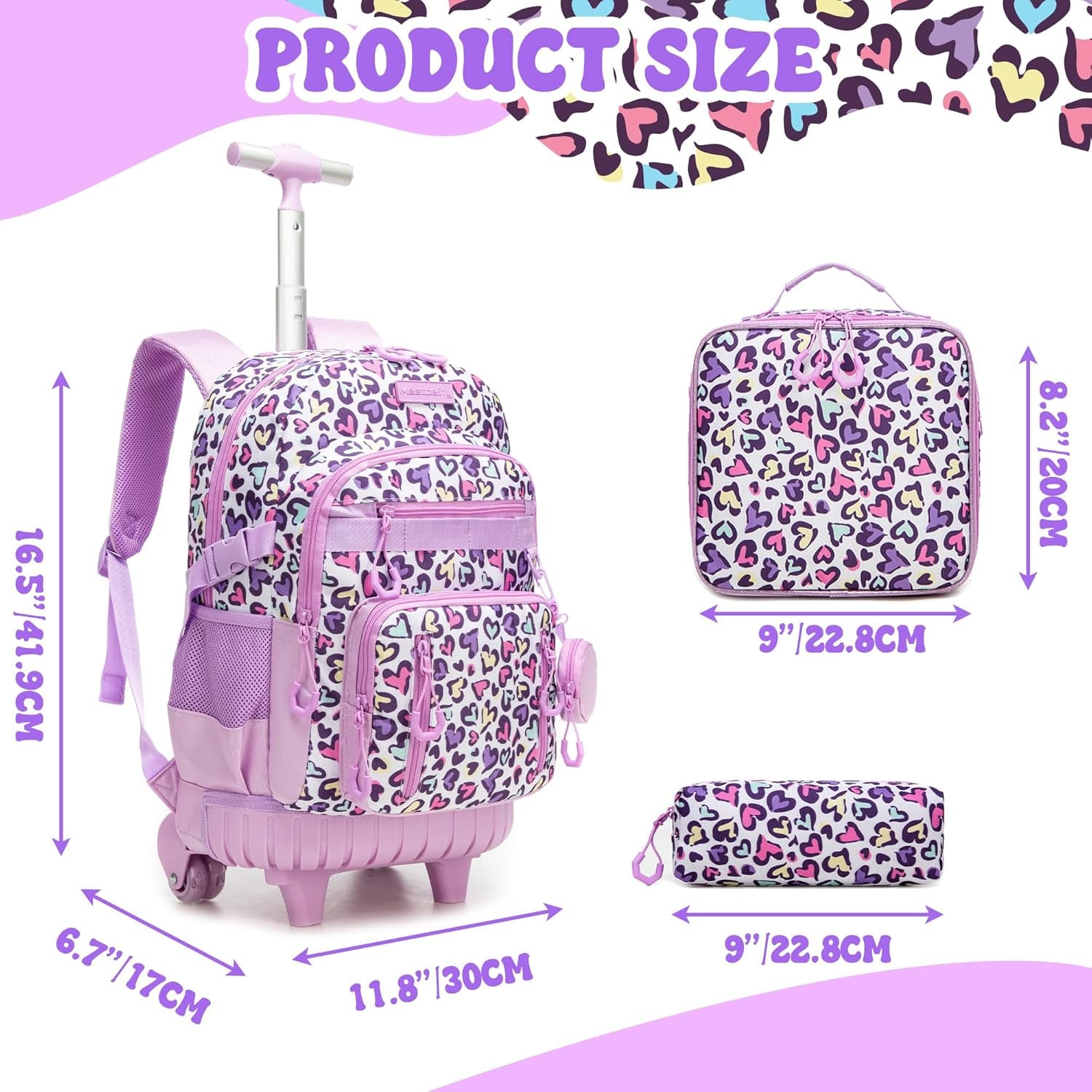 Rolling Backpacks for Kids Backpack for Girls with Lunch Bag Pencil Case 16.5" Kids Backpack with Wheels Roller Backpacks for Girls