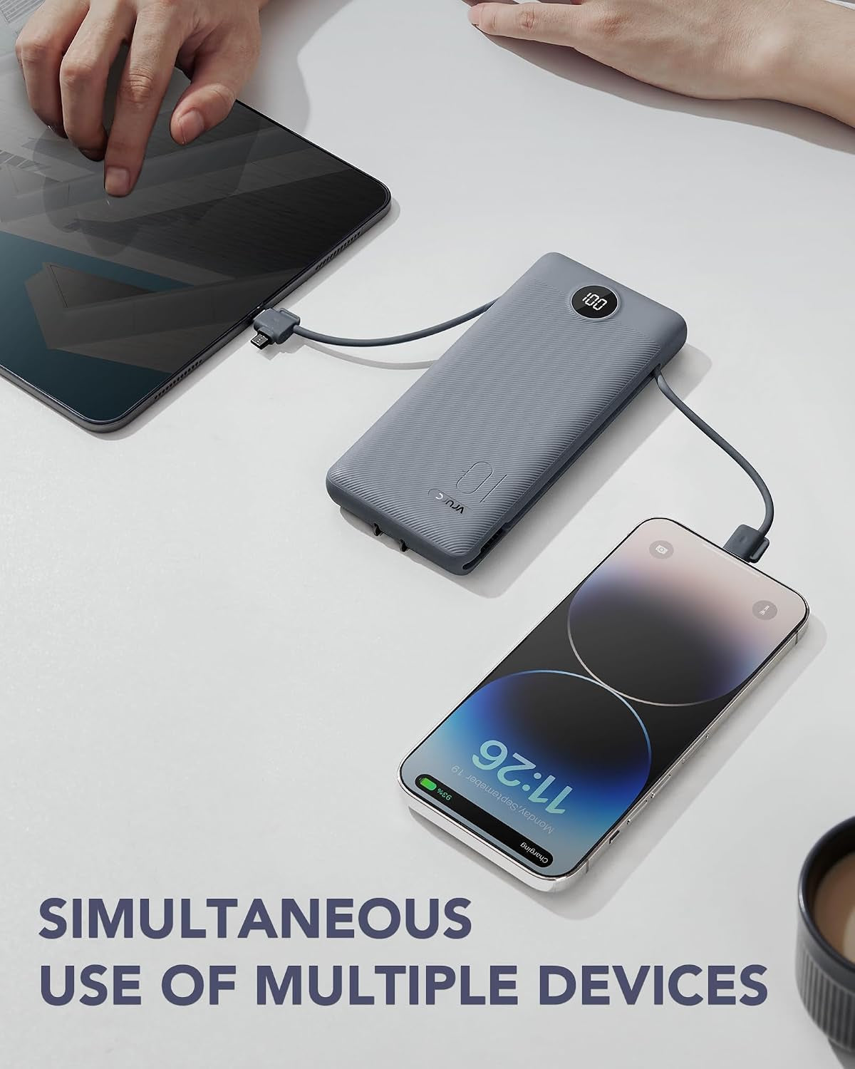 Portable Charger Built-In Cables and AC Wall Plug, USB C Power Bank 10000Mah, Travel Battery Portable Phone Charger Compact Lightweight External Battery Pack for Smart Phones, Tablets Etc-Grey