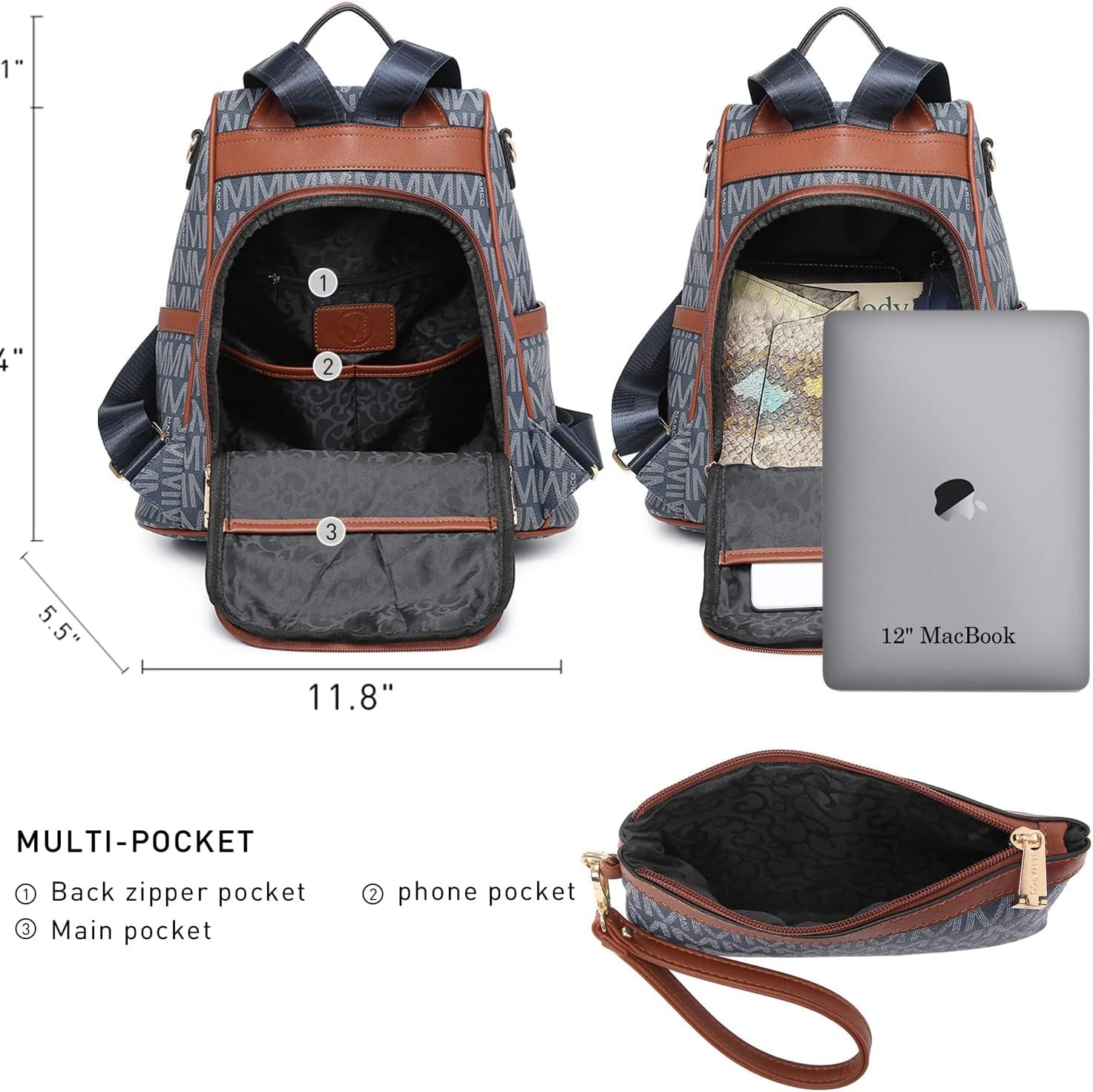 MKP Women Fashion Backpack Purse Multi Pockets Signature Anti-Theft Rucksack Travel Ladies Shoulder Bag Handbag 2Pcs