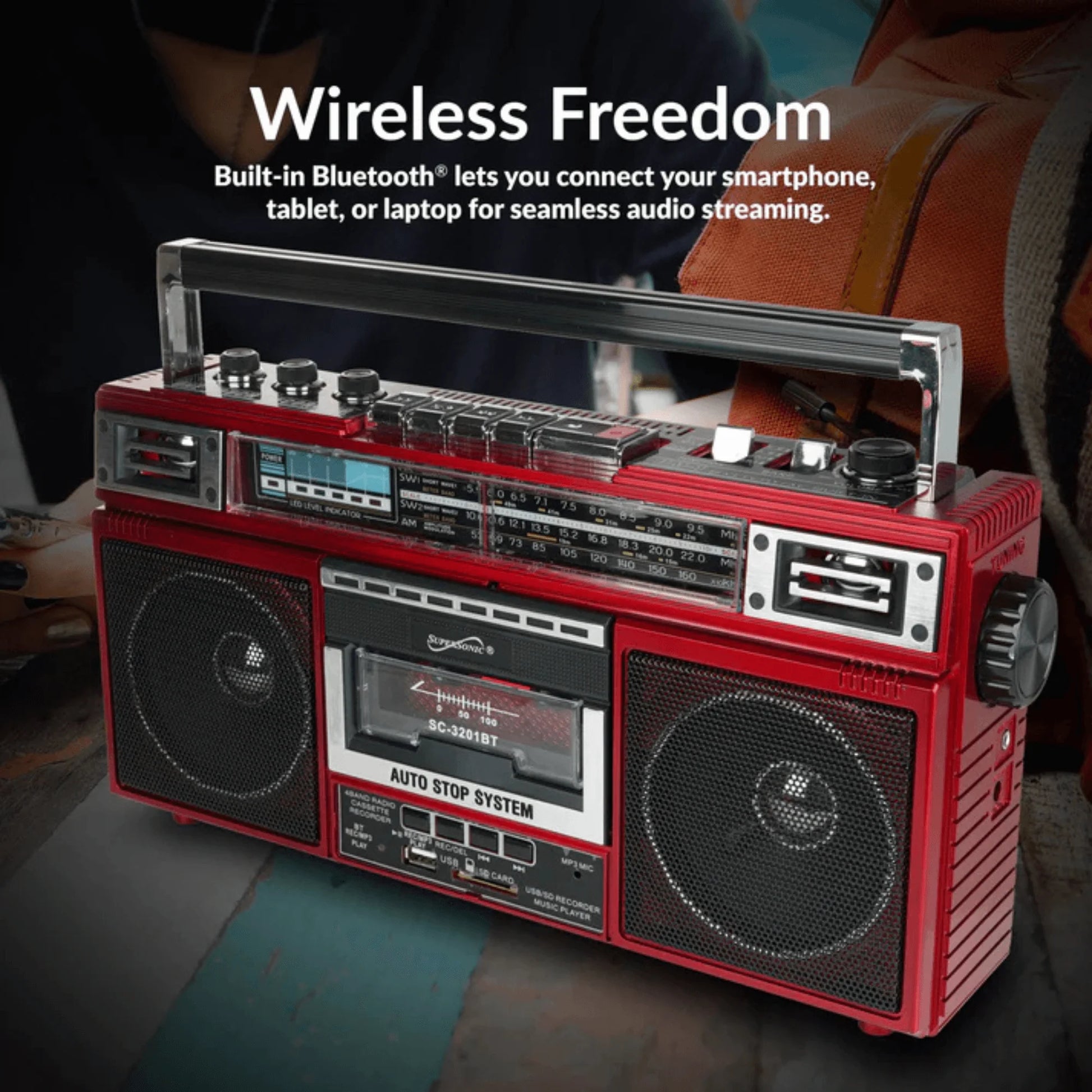 Supersonic 4 Band Bluetooth Radio & Cassette Player + Cassette to Mp3 Converter