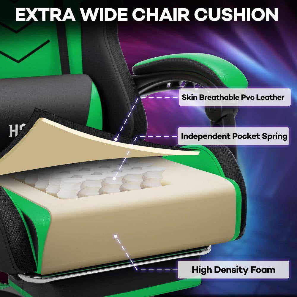Faux Leather Gaming Chair with Speakers and Massage Ergonomic Music Rhythm LED Lights Game Chair in Green with Footrest