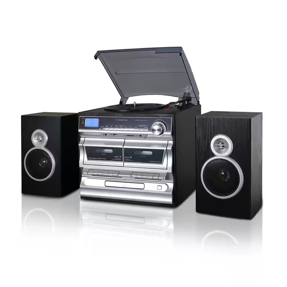 3-Speed Turntable with CD Player, Double Cassette Player, Bluetooth, FM Radio and USB/SD Recording