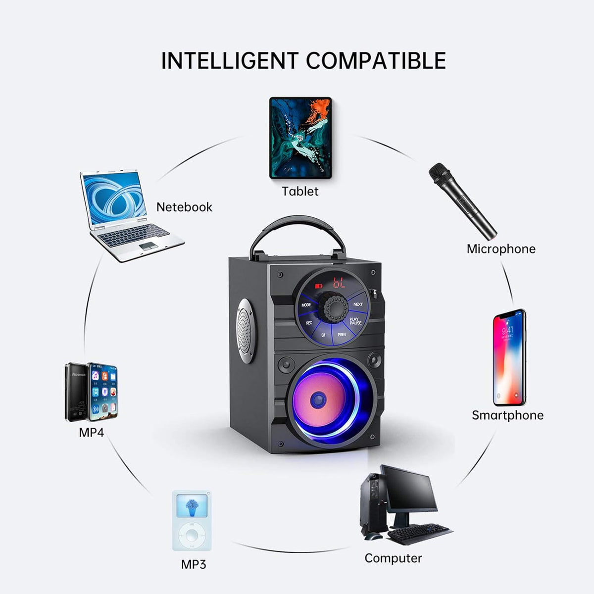Portable Big Bluetooth Speakers with Light, Wireless with Subwoofer, FM Radio, LED Lights, EQ, Booming Bass, Bluetooth 4.2 Stereo Loud Outdoor/Indoor Retro, for Home, Camping, Travel, Black