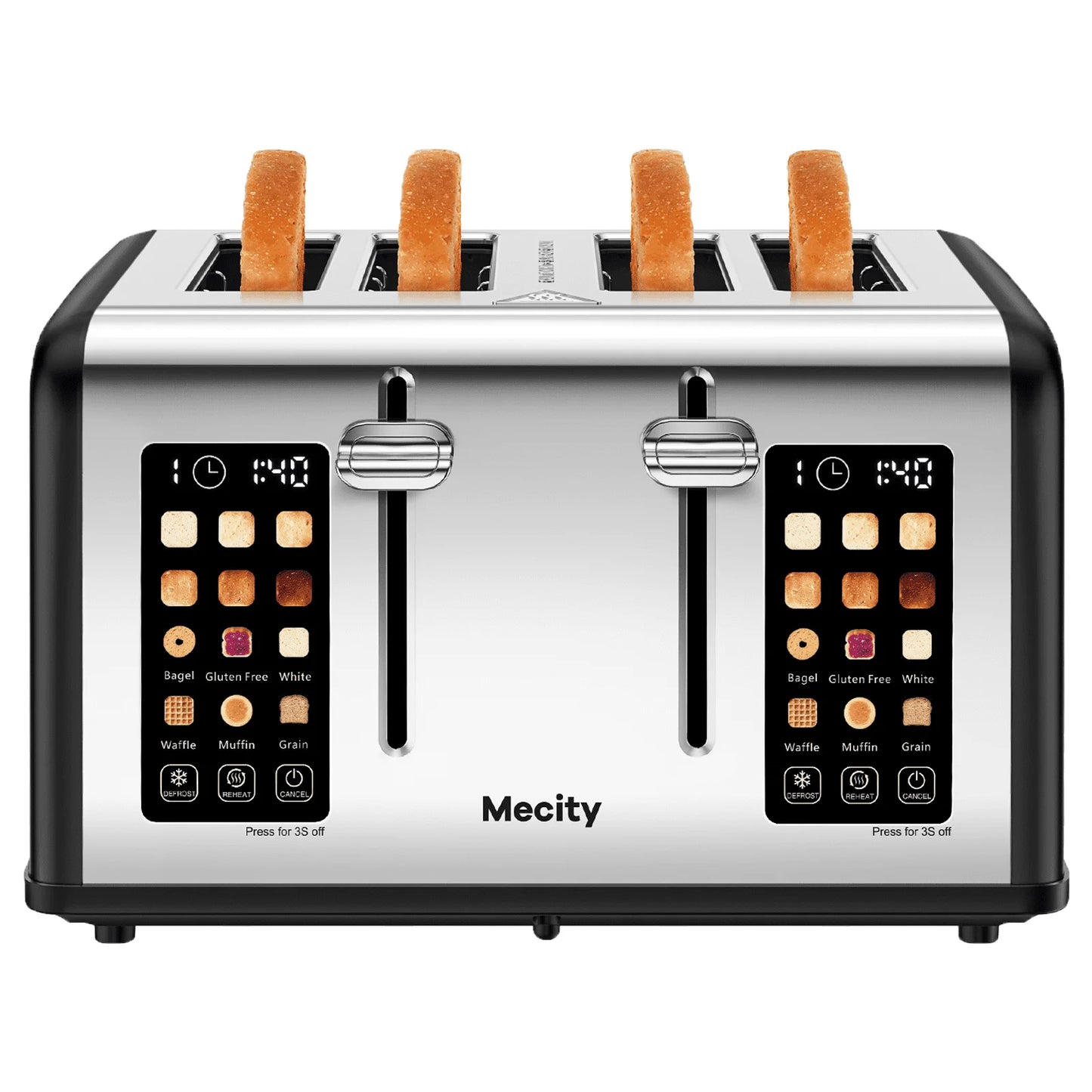 4-Slice Toaster with Touchscreen, Stainless Steel, Wide Slots, 6 Browning Settings, Digital Display, Reheat, Defrost, Crumb Tray, Matte Black