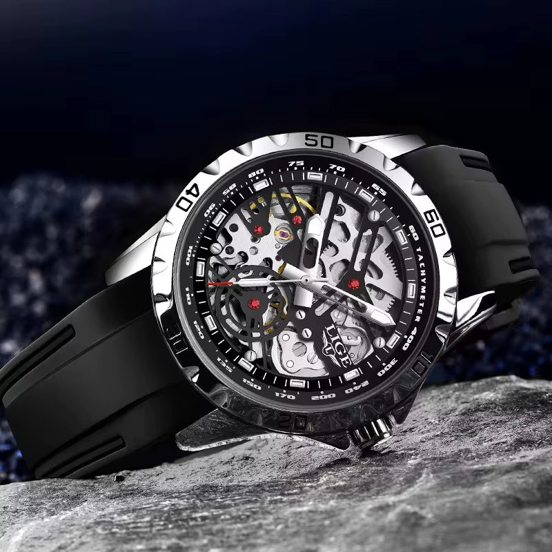 Luxury Men Watches Automatic Mechanical Wristwatch Skeleton Design Waterproof Silicone Strap Male Watch Reloj Hombre+Box