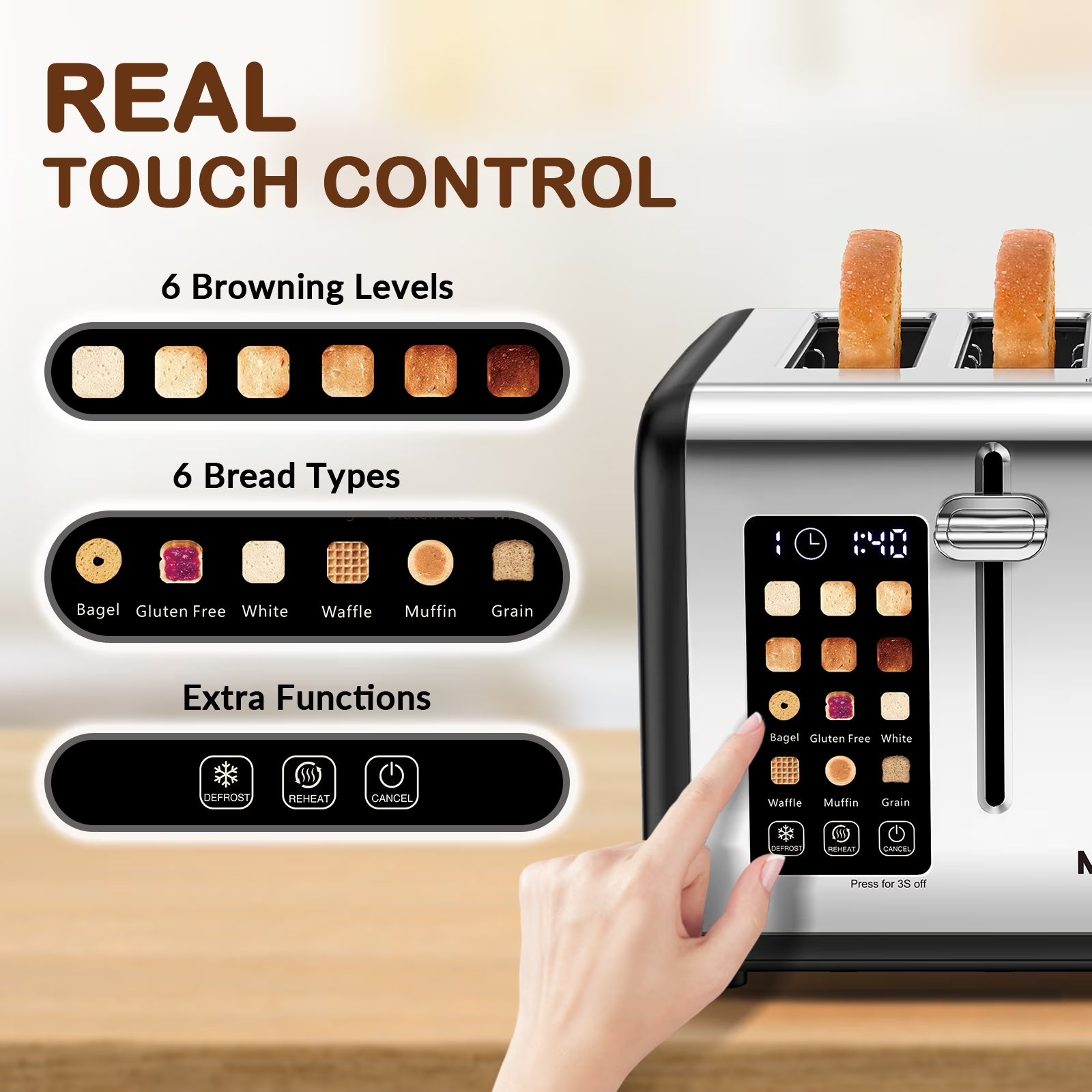 4-Slice Toaster with Touchscreen, Stainless Steel, Wide Slots, 6 Browning Settings, Digital Display, Reheat, Defrost, Crumb Tray, Matte Black
