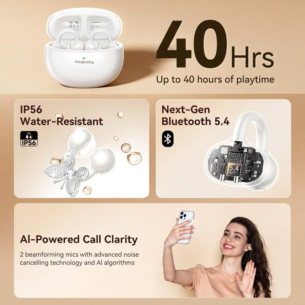 Jewelry-Inspired Clip-On Earbuds with Butterfly Earrings, Comfortable Fit & 40H Playtime Open Ear Bluetooth 5.4 Wireless Headphones for Women, Small Ears, Sports & Workouts (White)