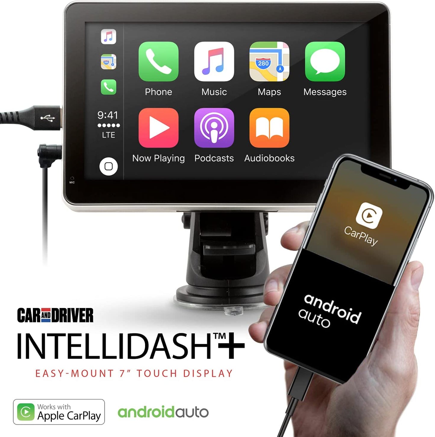 INTELLIDASH with Apple Carplay and Android Auto, 7'' IPS Touchscreen Multimedia Player with Bluetooth, Mirror Link, Siriusxm, Google, Siri Assistant Dash or Windshield Mounted
