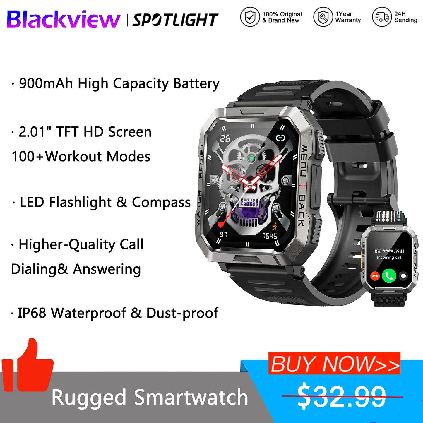 New Smart Watch 2.01'' HD Display Outdoor Men'S Watches with Emergency Lighting Bluetooth Call Waterproof Smartwatch