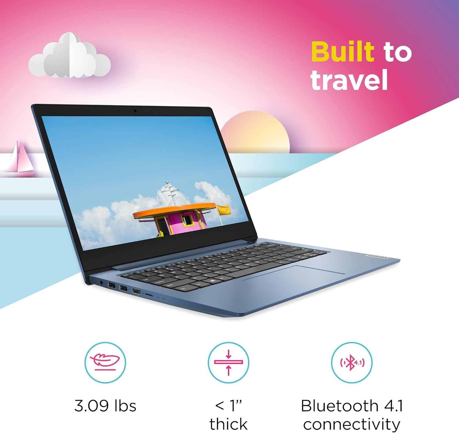 Ideapad 1 Laptop, 14.0" HD Display, Intel Celeron N4020, 4GB RAM, 64GB Storage, Intel UHD Graphics 600, Windows 11 in S Mode, Ice Blue