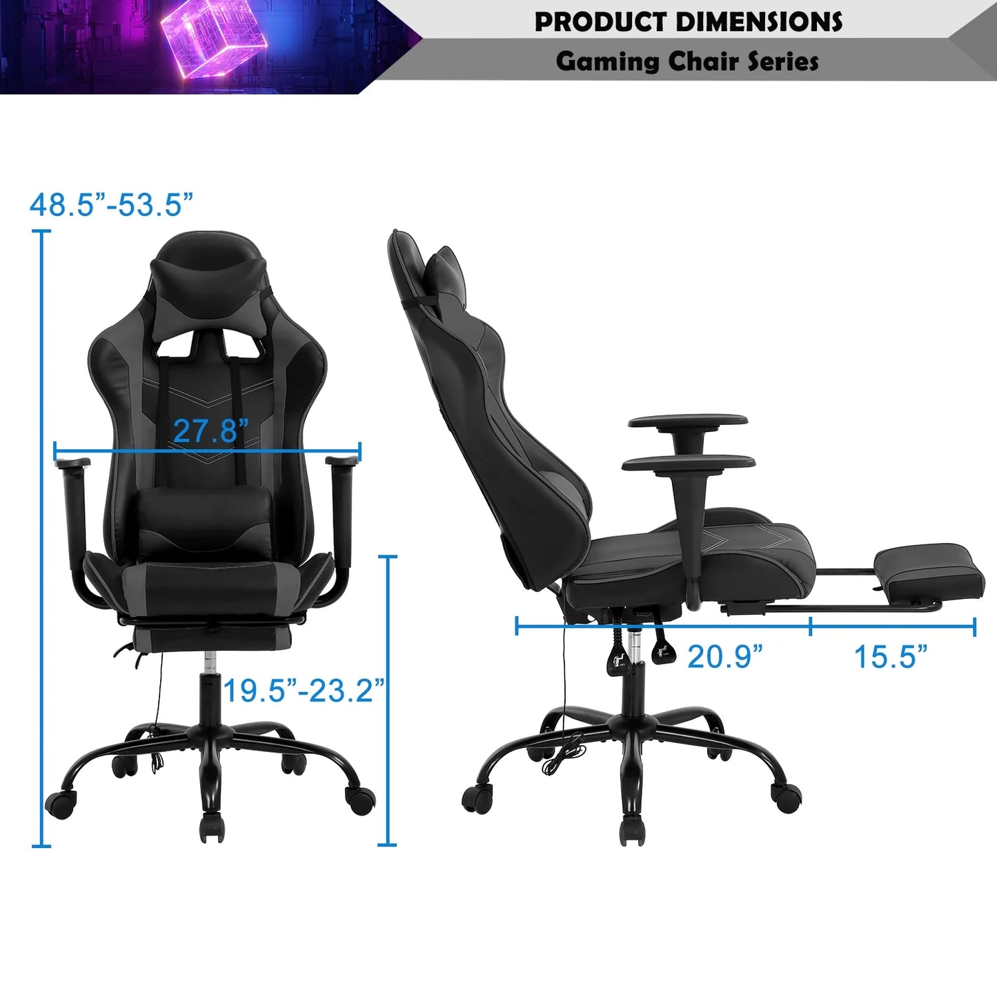 Gaming Chair Racing Office Chair Ergonomic Desk Chair Massage PU Leather Recliner PC Computer Chair with Lumbar Support Headrest Armrest Footrest Rolling Swivel Task Chair for Adults, Grey