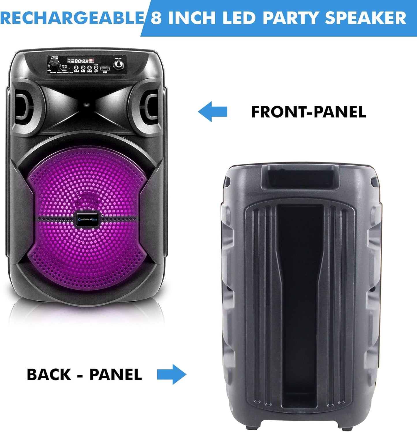 8 Inch Portable 800 Watts Bluetooth Speaker with Woofer & Tweeter, Festival PA LED Speaker with Bluetooth/Usb Card, True Wireless Stereo, 30 Feet BT Range