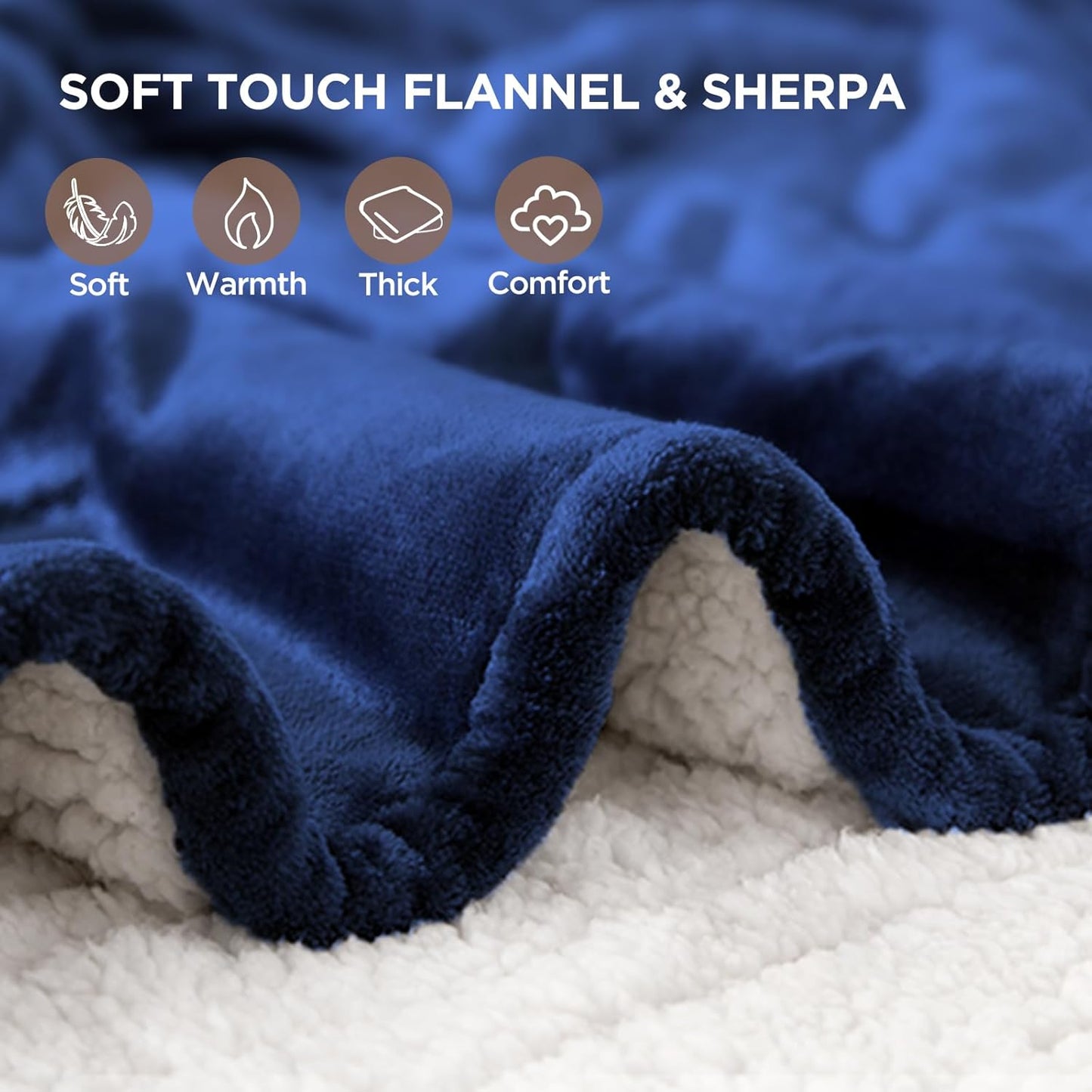 Electric Blanket Heated Throw | 6 Heating Levels & 4 Hours Auto off | Flannel to Sherpa Reversible 50X60 | Machine Washable, Navy Blue
