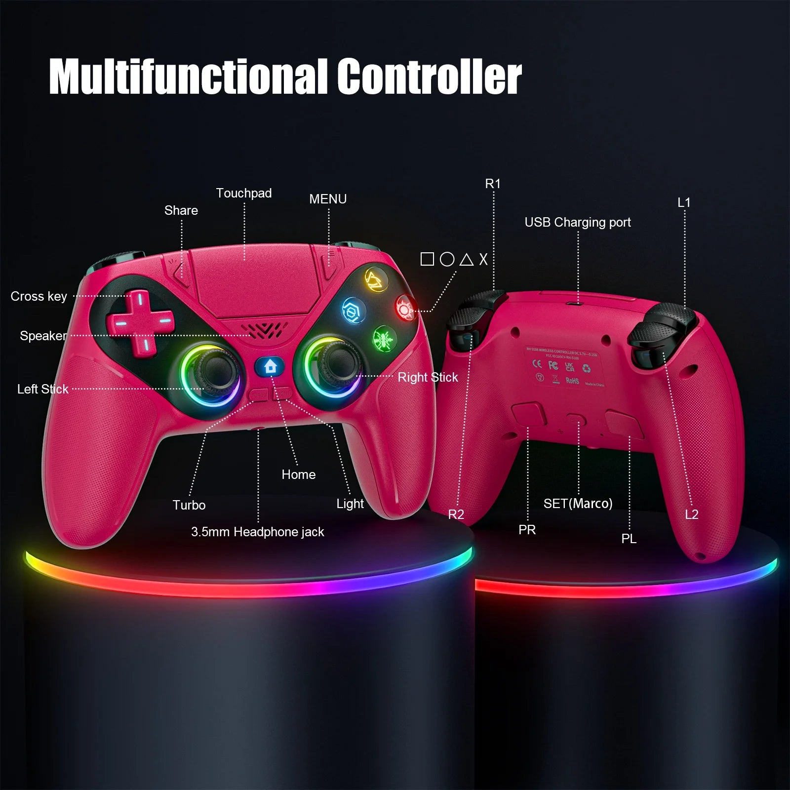 LED Wireless Controller for P5, Seven Light Colors Compatible with P5 Pro/Slim/Pc, Dual Vibration, 3.5Mm Audio Jack,Macro/Turbo Function, 6-Axis Motion Contro Gamepad with Speaker(Red)