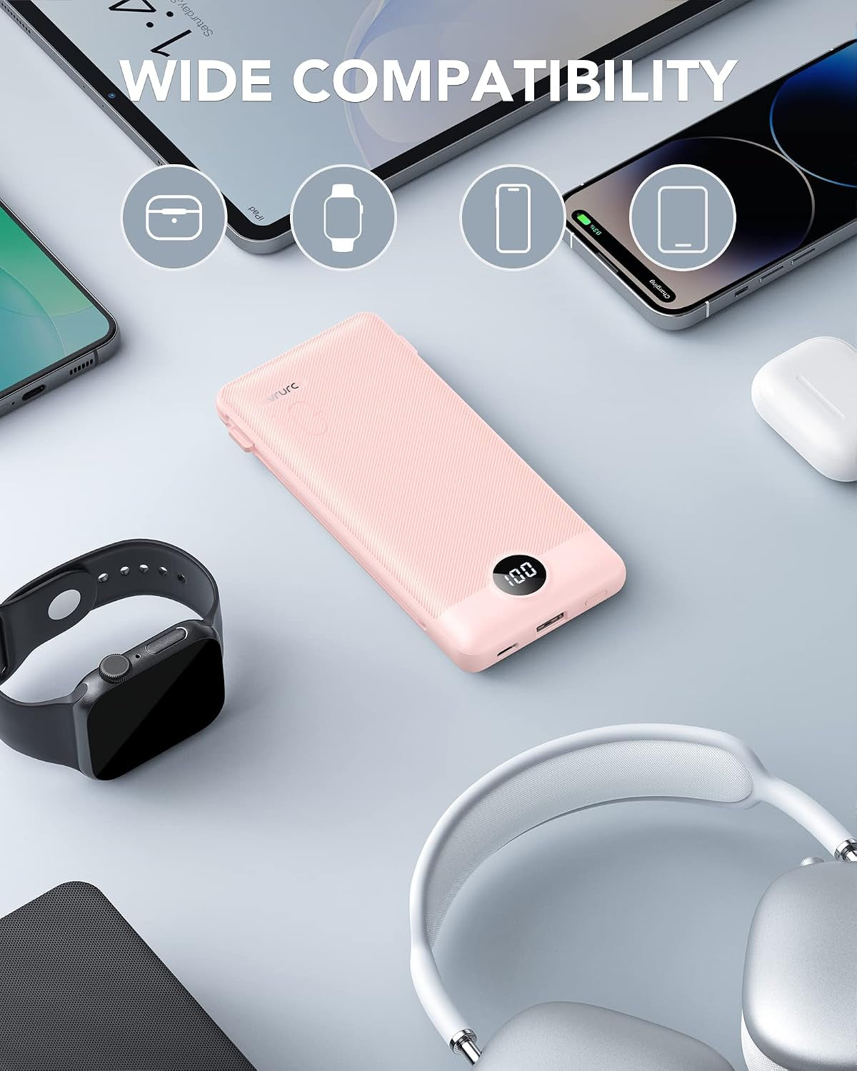 Portable Charger, Power Bank Built-In Cables and AC Wall Plug