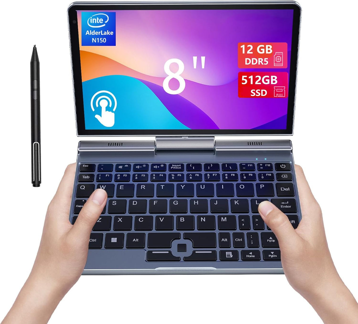 8" Mini 2-In-1 Touchscreen Laptop, Intel N95, 12GB LPDDR5, 512GB SSD