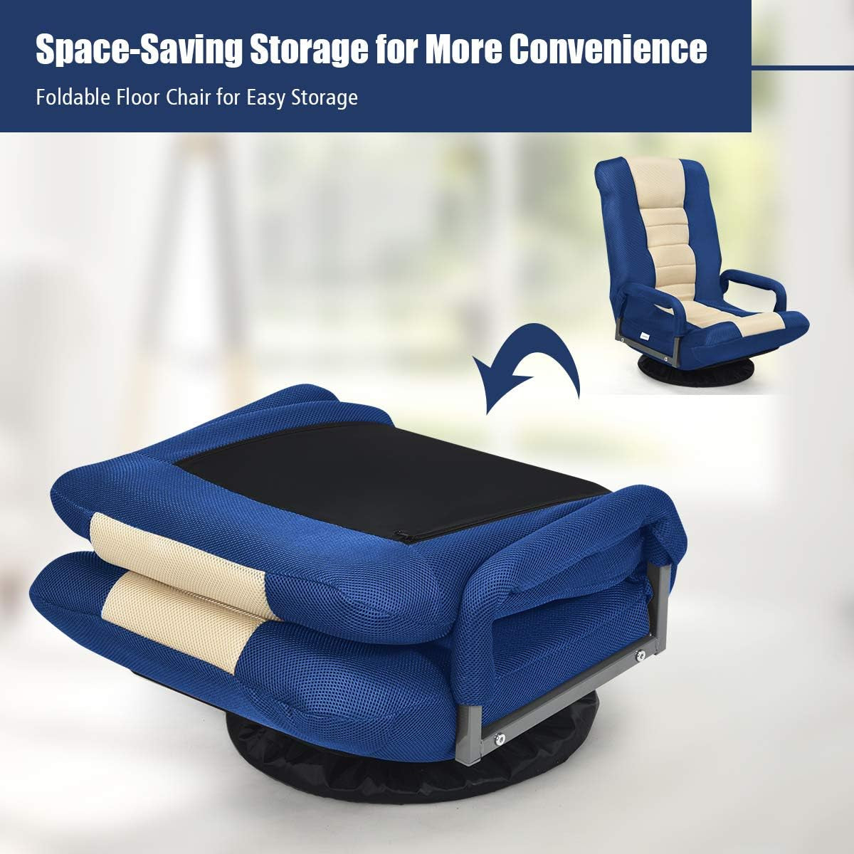 Floor Chair, 360 Degree Swivel Chair with Adjustable Backrest, Lumbar Support, Armrest, Foldable Lazy Sofa Rocker for TV, Reading, Playing Video Games, Blue/Beige