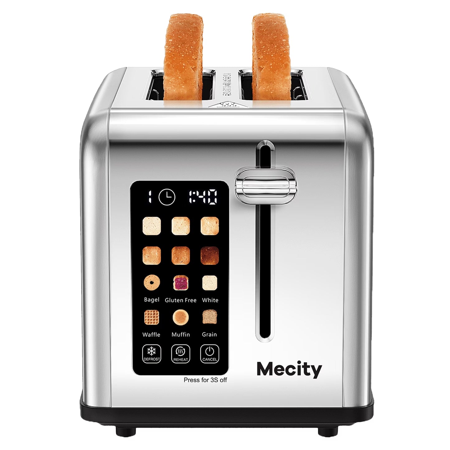 4-Slice Toaster with Touchscreen, Stainless Steel, Wide Slots, 6 Browning Settings, Digital Display, Reheat, Defrost, Crumb Tray, Matte Black