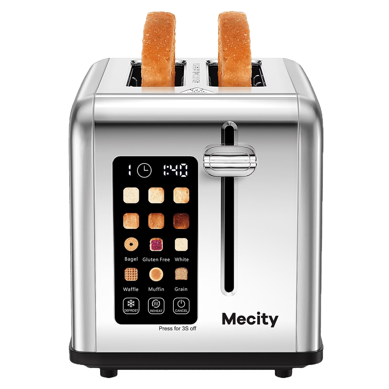 4-Slice Toaster with Touchscreen, Stainless Steel, Wide Slots, 6 Browning Settings, Digital Display, Reheat, Defrost, Crumb Tray, Matte Black