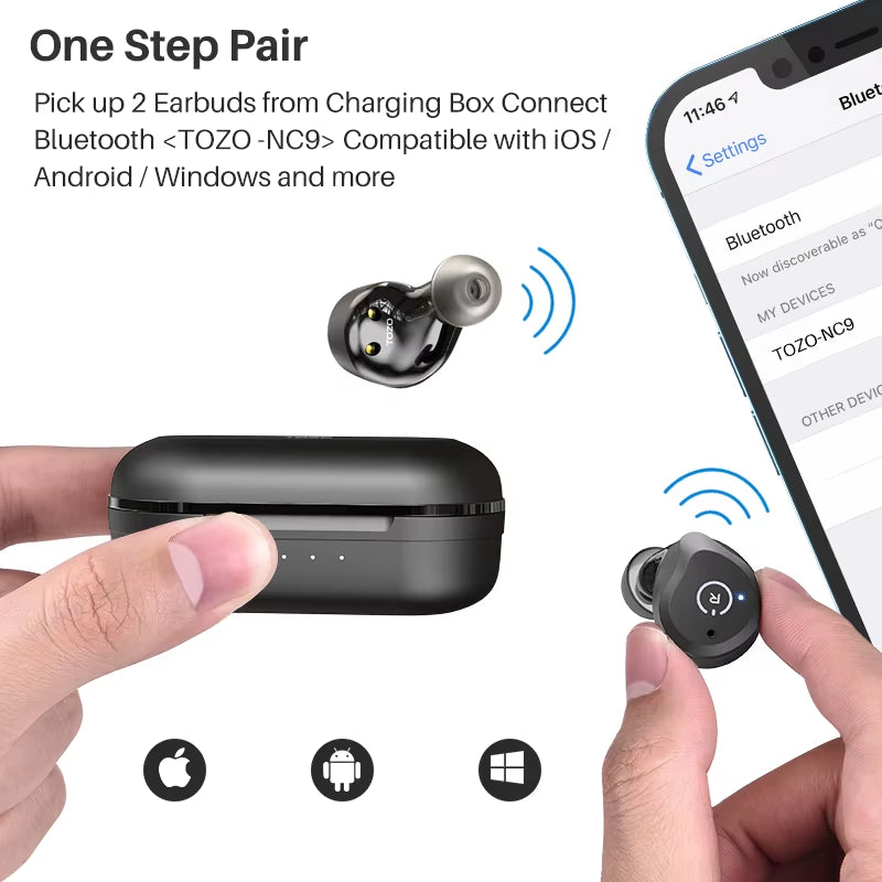 ANC True Wireless Earbuds in Ear Sport Headsets Mics Hifi Sound Bass Stereo Bluetooth Earphone Calls Noise Cancelling