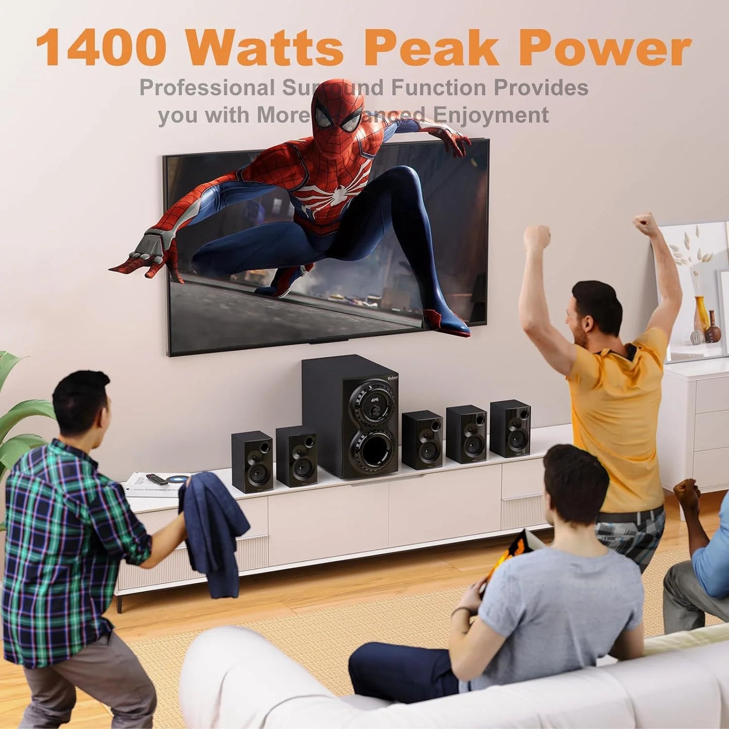 Surround Sound Systems 1400 Watts Peak Power Home Theater Speakers - 12" Subwoofer Strong Bass 5.1 Wired Loud Stereo Audio System with Bluetooth ARC Optical Input for TV