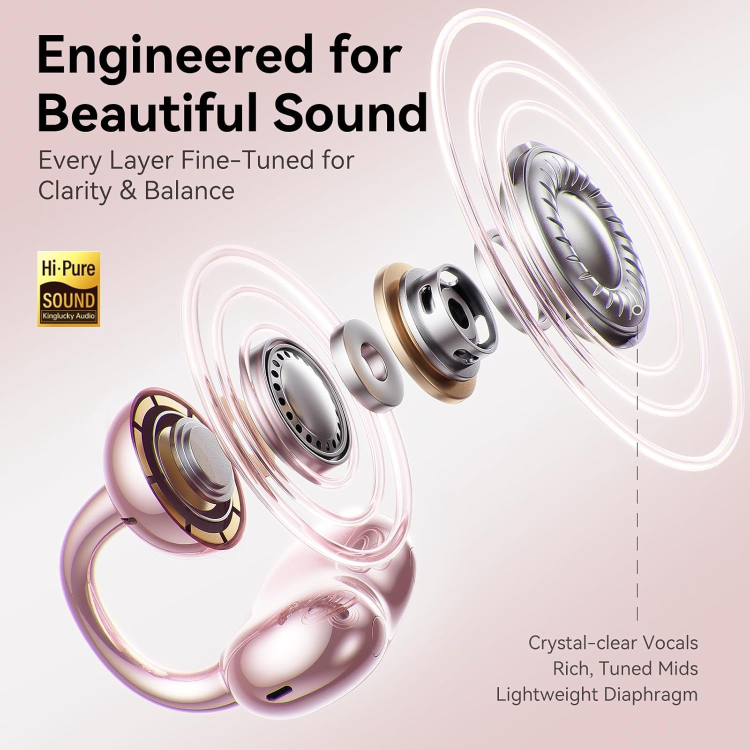 Jewelry-Inspired Clip-On Earbuds with Diamond Earrings, Comfortable Fit & 40H Playtime Open Ear Bluetooth 5.4 Wireless Headphones for Women, Small Ears, Sports & Workouts (Rose Gold)