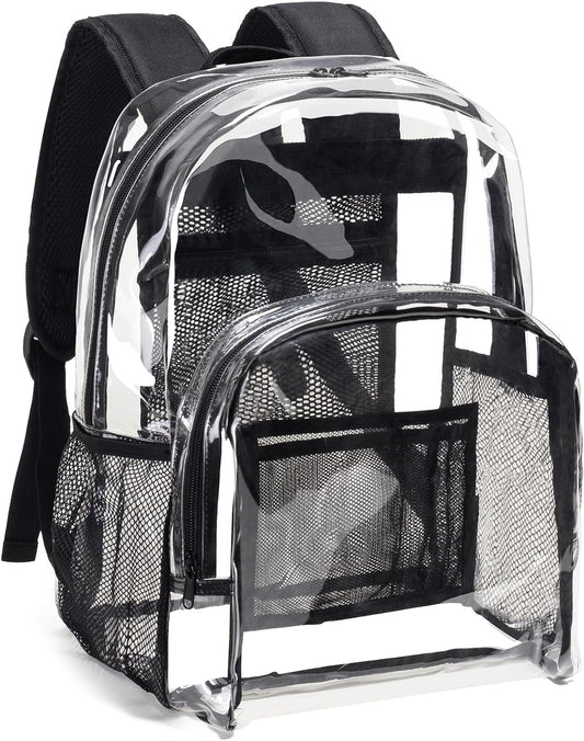 Clear Backpack Heavy Duty PVC Transparent Backpack with Reinforced Strap Stitches & Large Capacity for College Workplace Security - Black