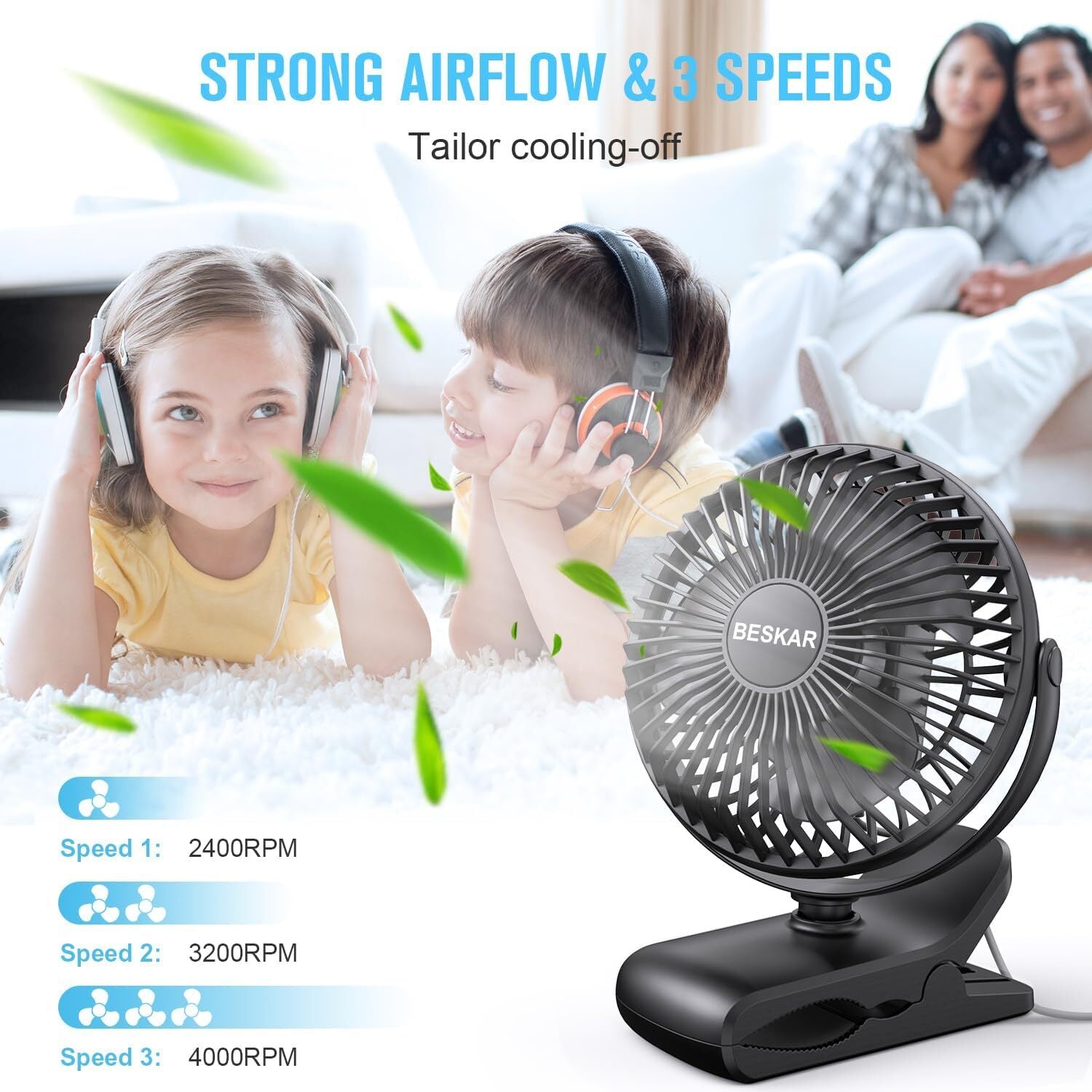 BESKAR Small Clip on Fan, 3 Speeds USB Fan with Strong Airflow, Clip & Desk Fan