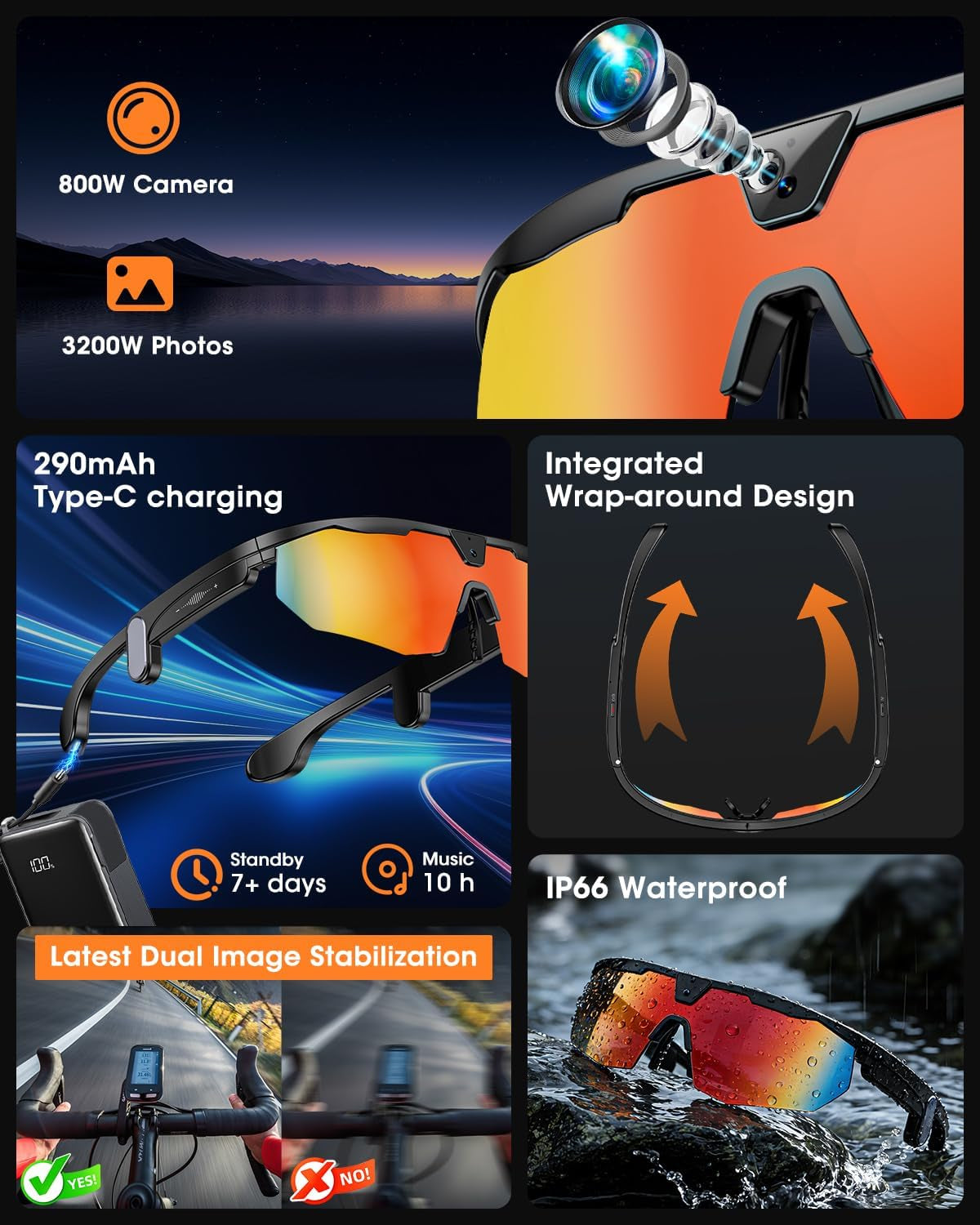 Smart Glasses with 4K HD Anti-Shake Camera & 3D Stereo Speakers | Polarized UV400 Sports Sunglasses | Bluetooth AI Glasses for Outdoor Video, Photos & Music | Hifi Audio Action Camera (Dark)
