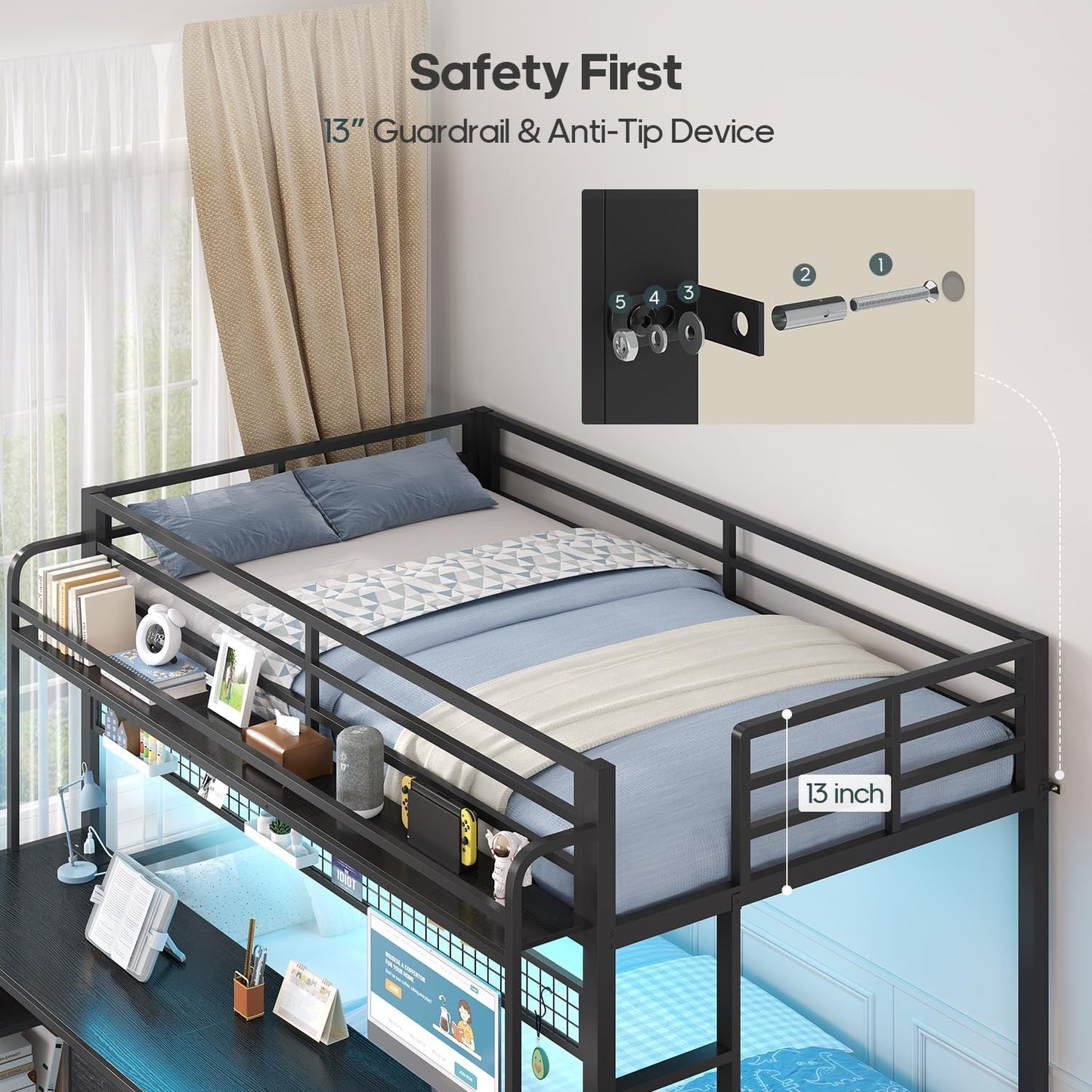 Bunk Bed Twin over Twin with 2 Person Desk, LED Lights, Black | Twin Bunk Bed with 4 Drawers,Storage Rack, 4 Shelves and Power Outles, Safety Guardrail for Kids/Teens Bedroom