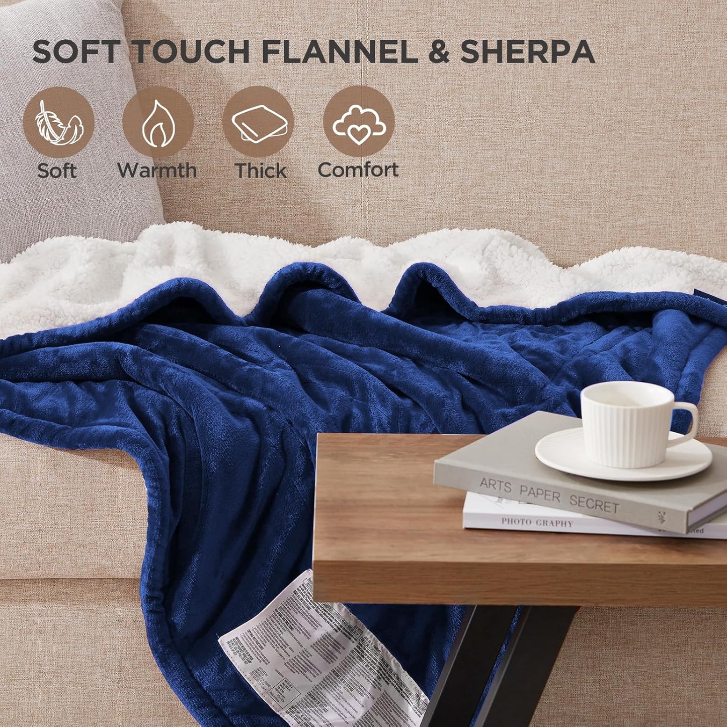 Electric Blanket Heated Throw | 6 Heating Levels & 4 Hours Auto off | Flannel to Sherpa Reversible 50X60 | Machine Washable, Navy Blue