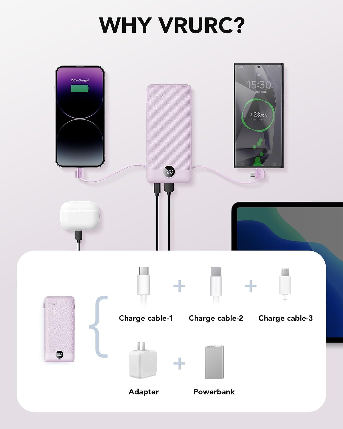 Portable Charger, Power Bank Built-In Cables and AC Wall Plug