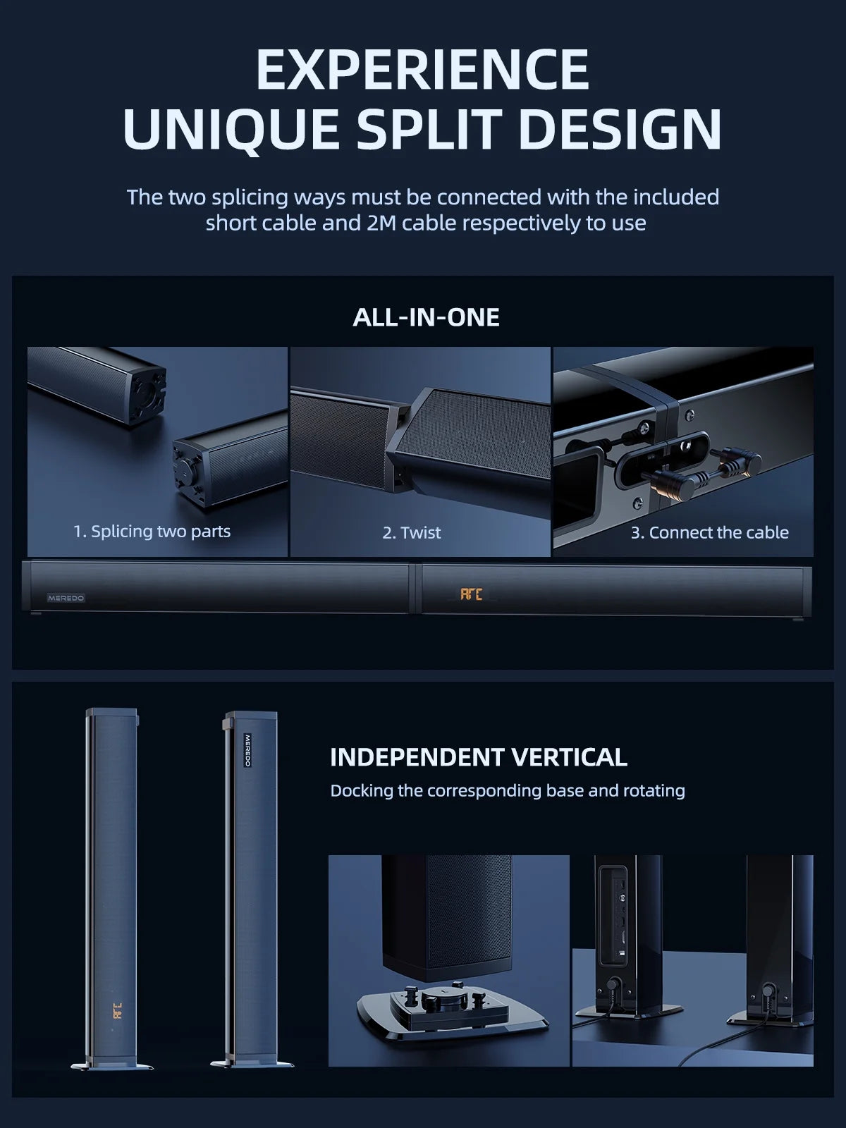 180W Separable Sound Bar with Subwoofer, 2.1CH  Detachable Soundbar for TV/PC, 5 EQ Modes Treble & Bass Adjust, HDMI Arc/Optical/Bluetooth 5.4/Aux--32 Inch