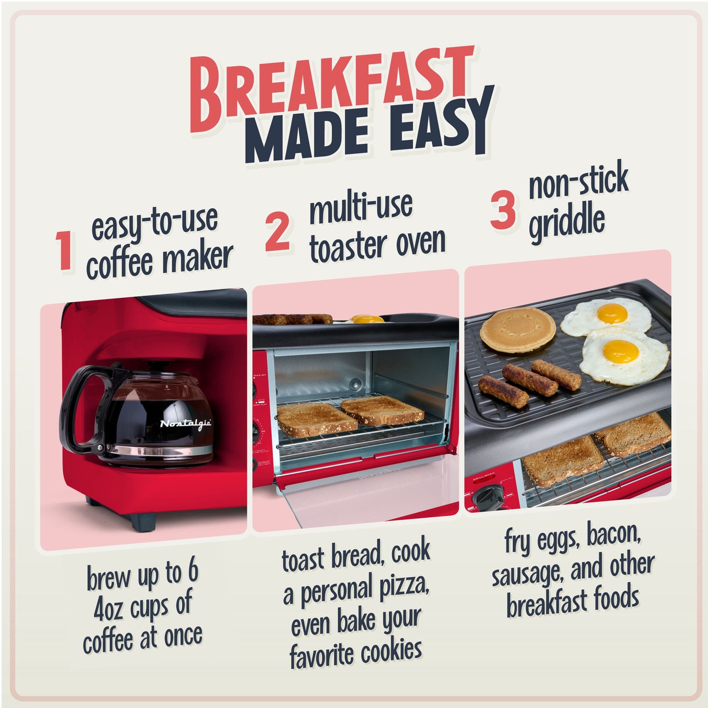 Retro 3-In-1 Breakfast Station with Coffeemaker, Griddle, and Toaster Oven, Retro Red