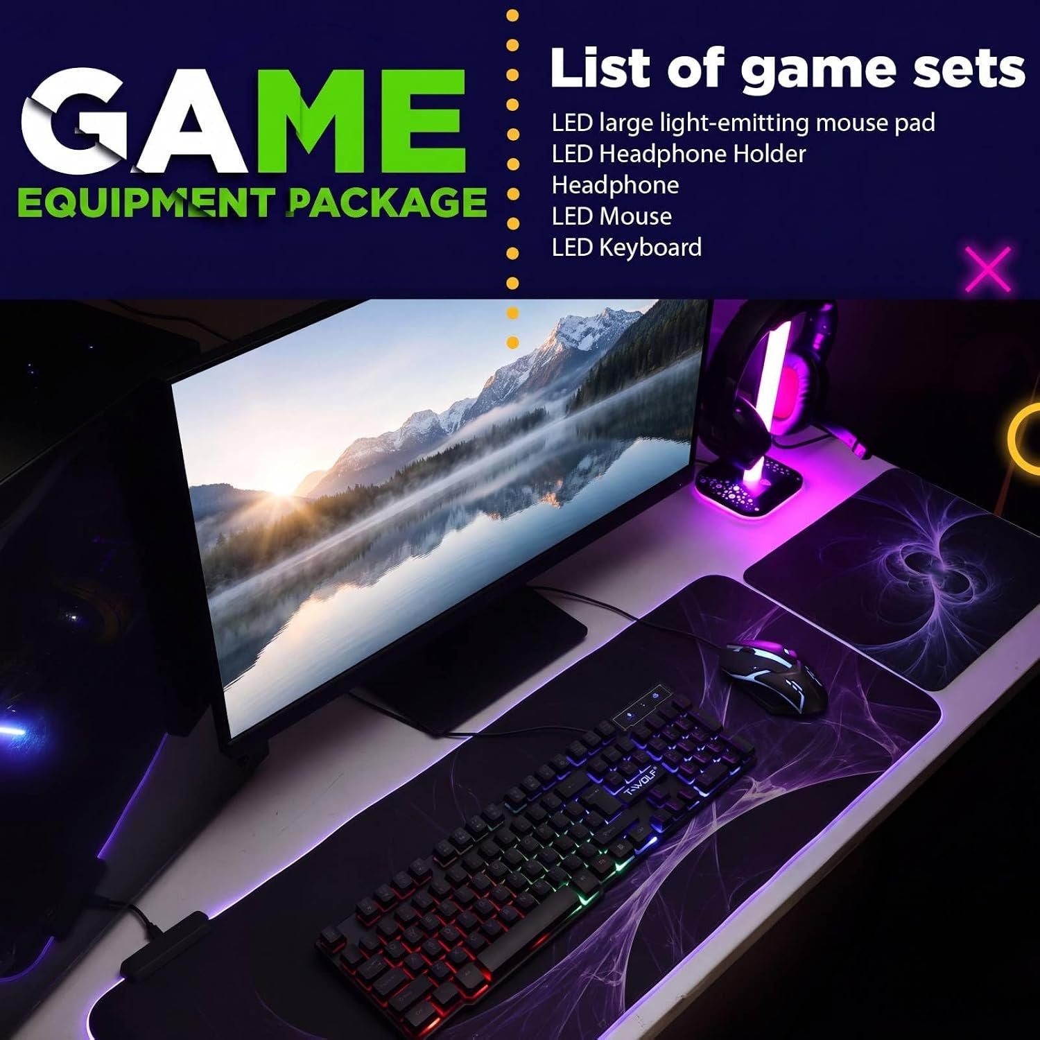 6 in 1 Gaming Accessories Bundle Includes Keyboard, Mouse, Mouse Pad, Headset, LED XL Mouse Pad, Luminous Headphone Stand Backlight PC Gaming Set for PC Beginner Gamer Gift Favors