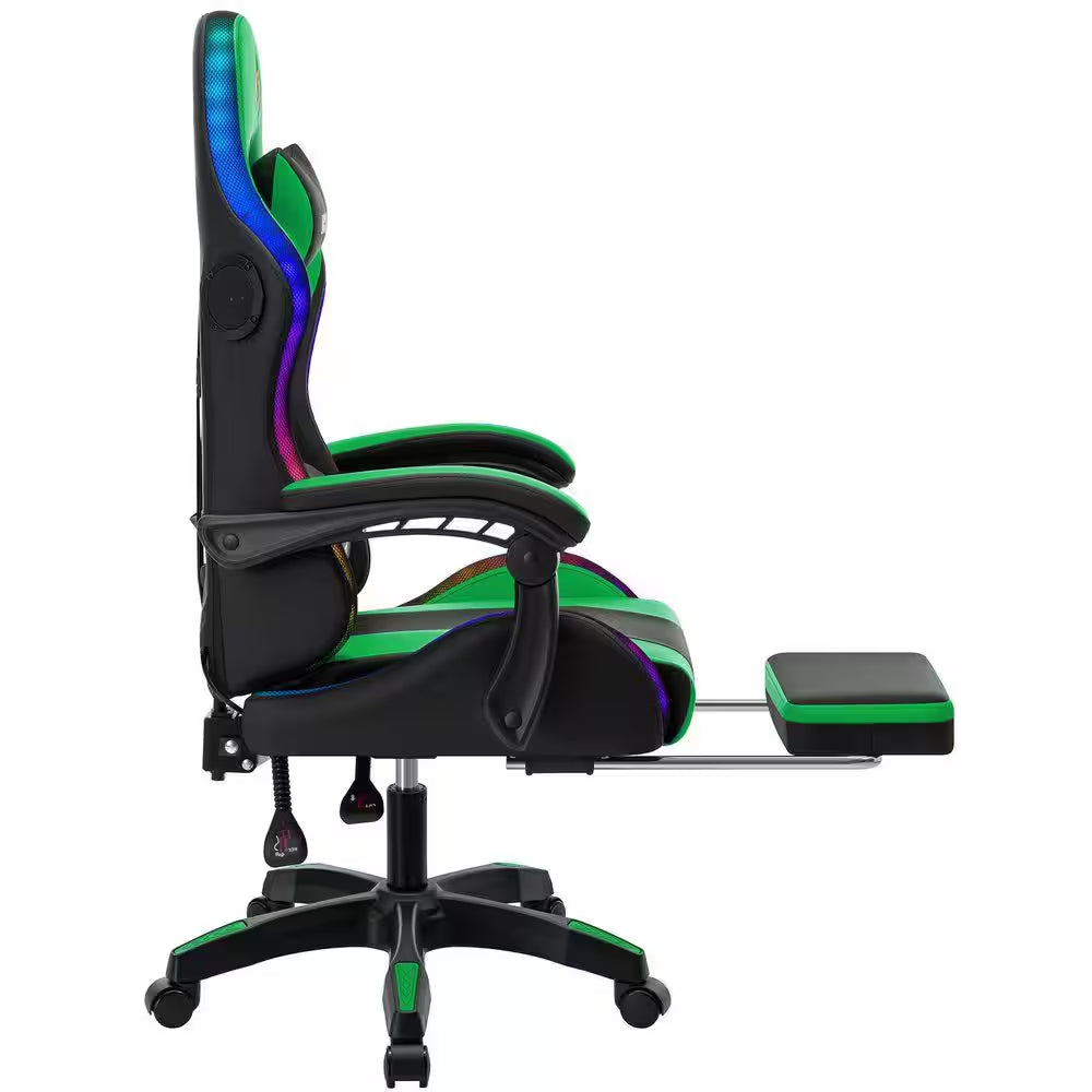 Faux Leather Gaming Chair with Speakers and Massage Ergonomic Music Rhythm LED Lights Game Chair in Green with Footrest