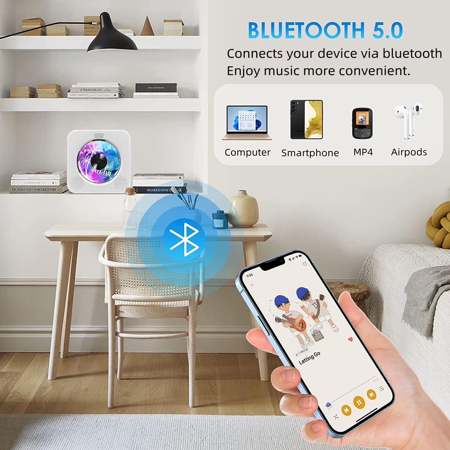Portable CD Player with Bluetooth, Desktop CD Music Players for Home Built-In Double Hifi Sound Speakers, Support AUX&USB Headphone Jack, FM Radio Boombox, LCD Screen Display for Kids Gift