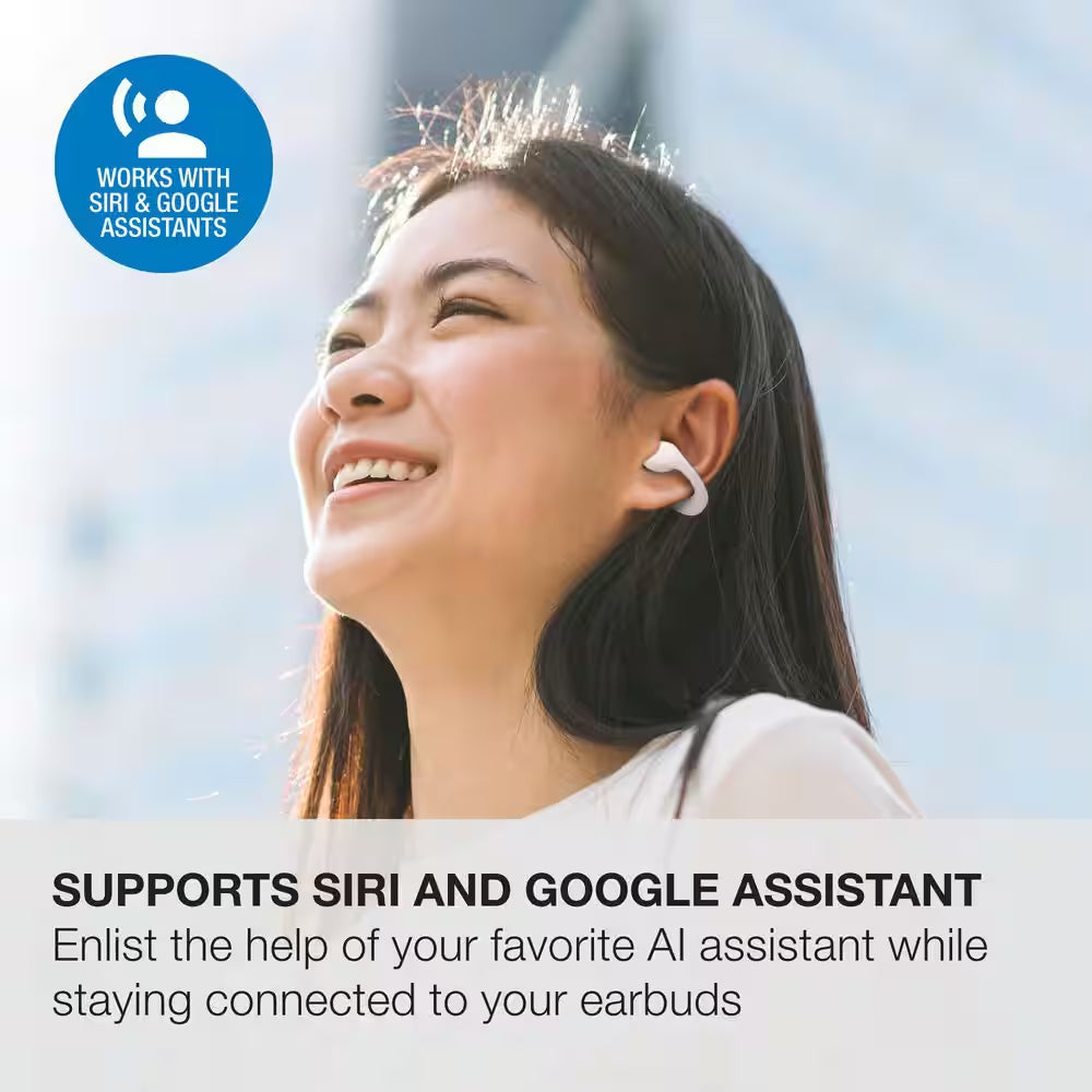 White Truly Wireless Bluetooth Open Ear Clip, Supports Siri and Google Assistants, Sweatproof Earbud and In-Ear