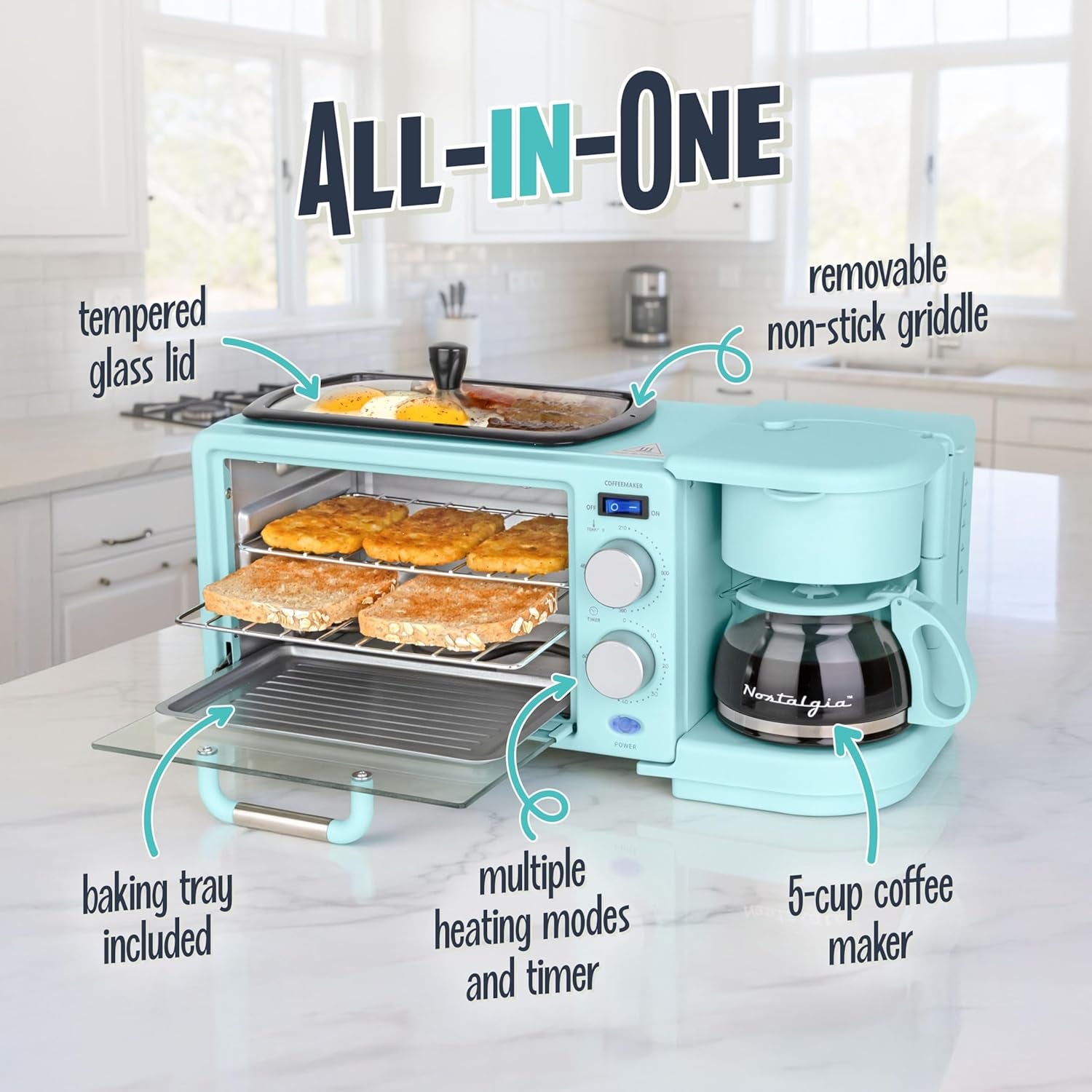 3-In-1 Retro Breakfast Station - Includes 5 (4 Oz) Cup Coffee Maker, Non-Stick Ceramic Griddle, and 4-Slice Toaster Oven - Built-In Timer, Reusable Coffee Filter, Space-Saving Design - Aqua