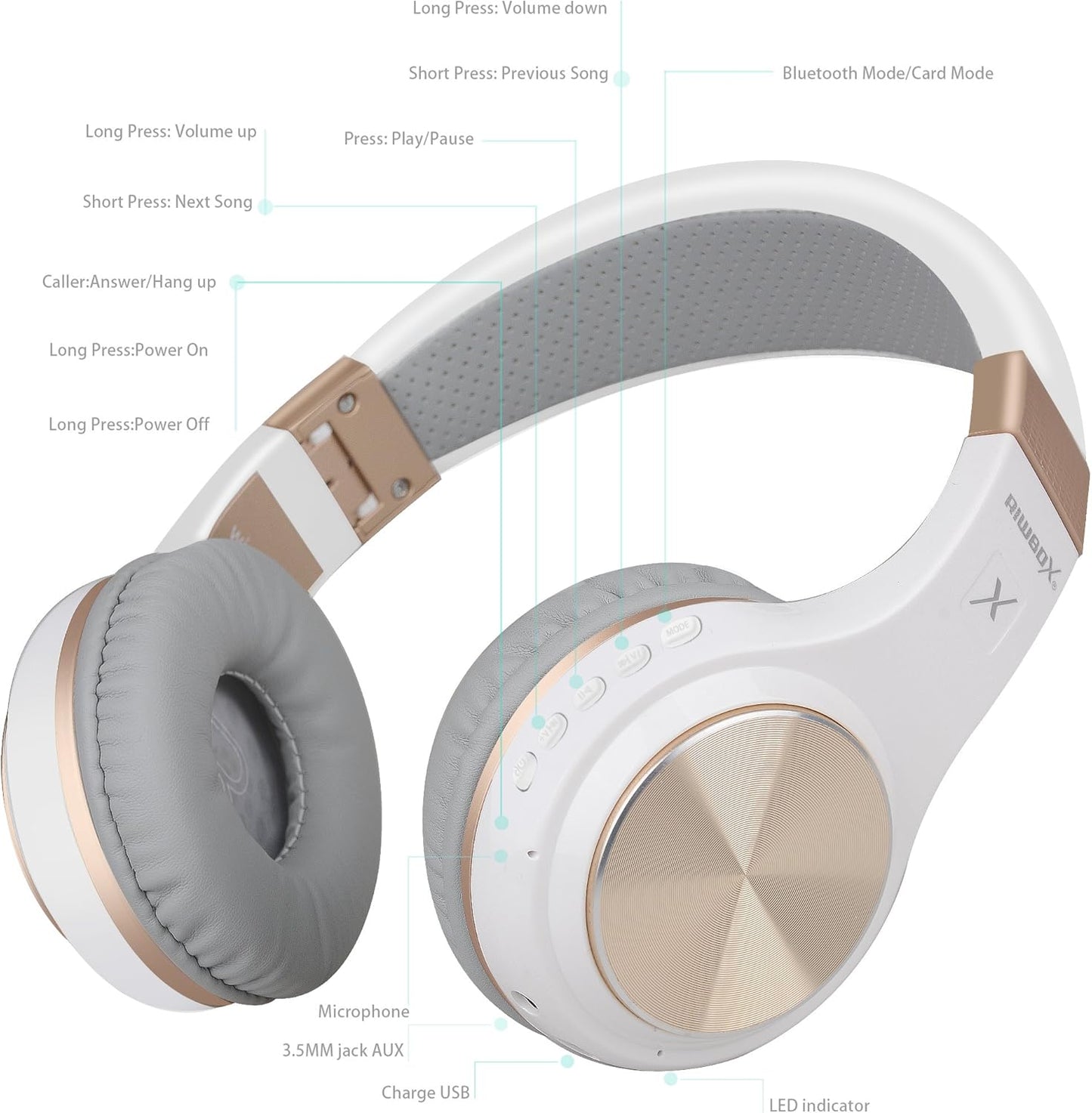 Bluetooth Headphones, XBT-80 Folding Stereo Wireless Bluetooth Headphones over Ear with Microphone and Volume Control, Wireless and Wired Headset for Pc/Cell Phones/Tv/Gym (White Gold)
