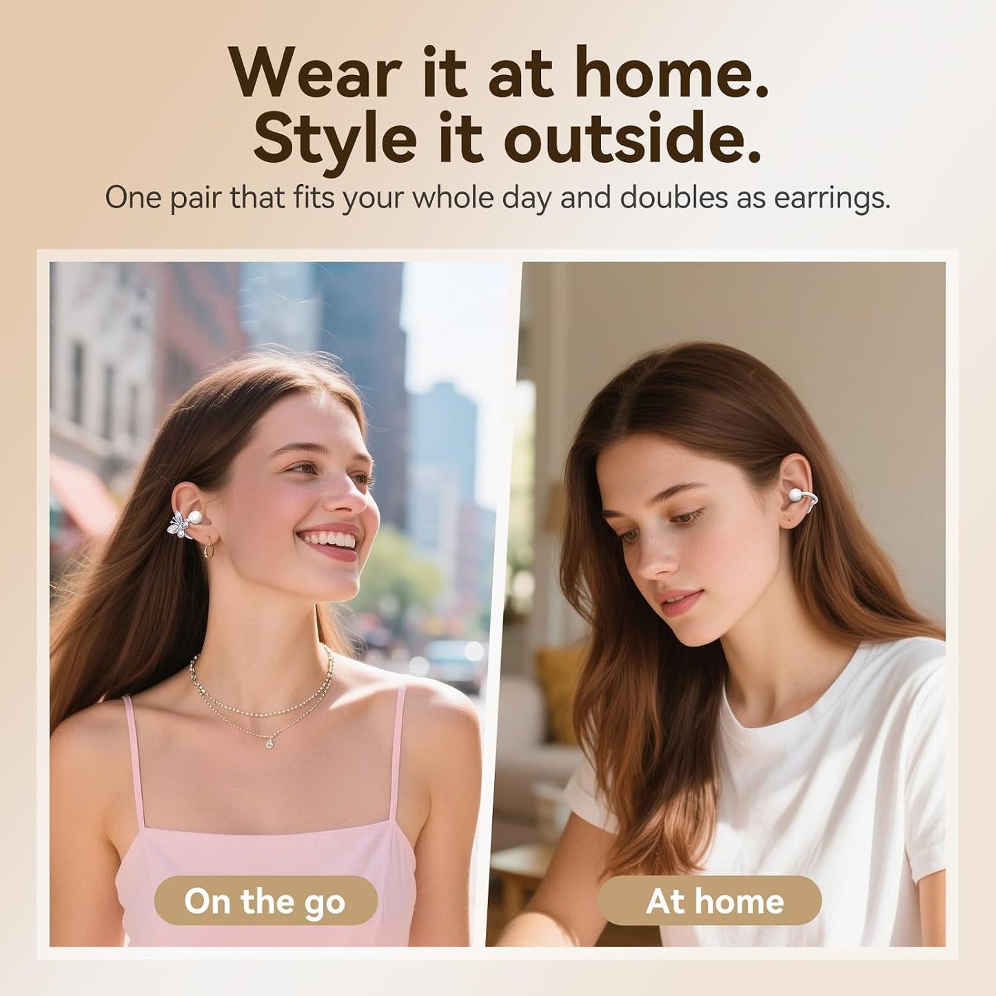 Jewelry-Inspired Clip-On Earbuds with Butterfly Earrings, Comfortable Fit & 40H Playtime Open Ear Bluetooth 5.4 Wireless Headphones for Women, Small Ears, Sports & Workouts (White)