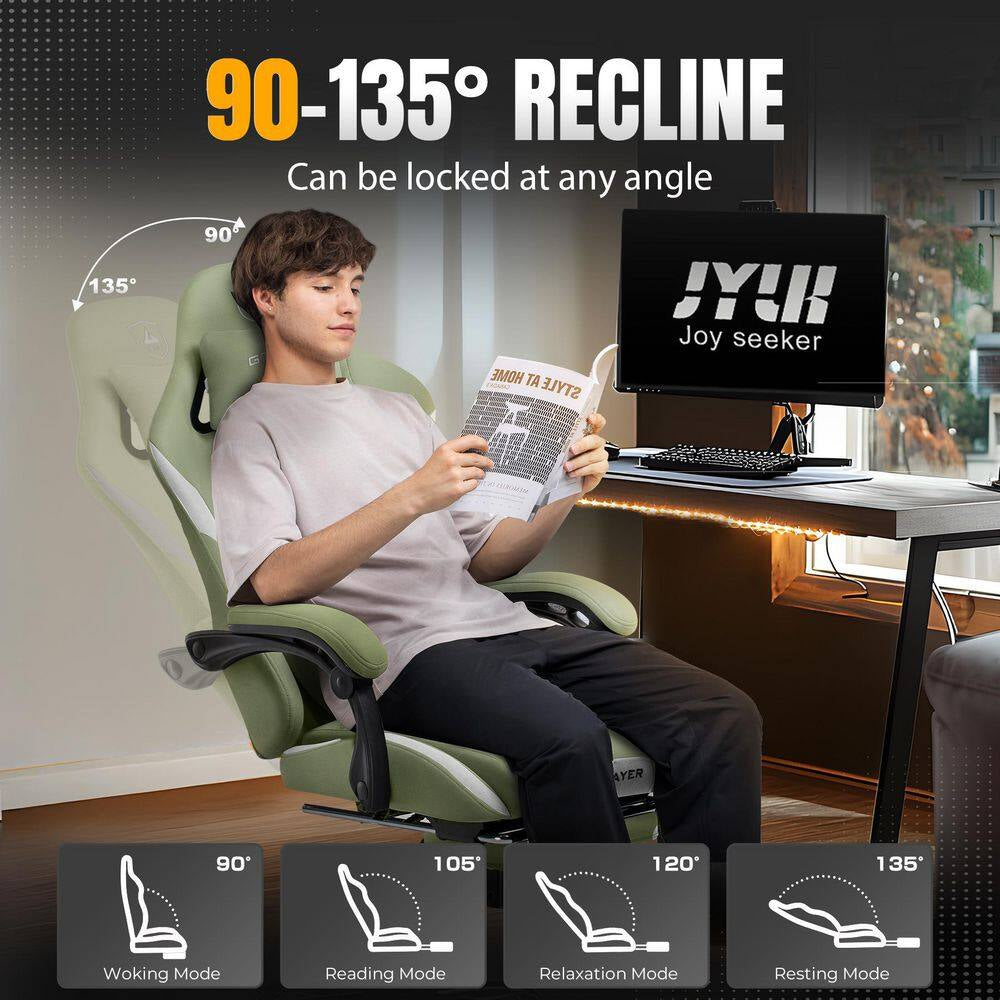 Breathable Fabric Computer Chair with Footrest and Pocket Spring Cushion Ergonomic Gaming Chair, Green