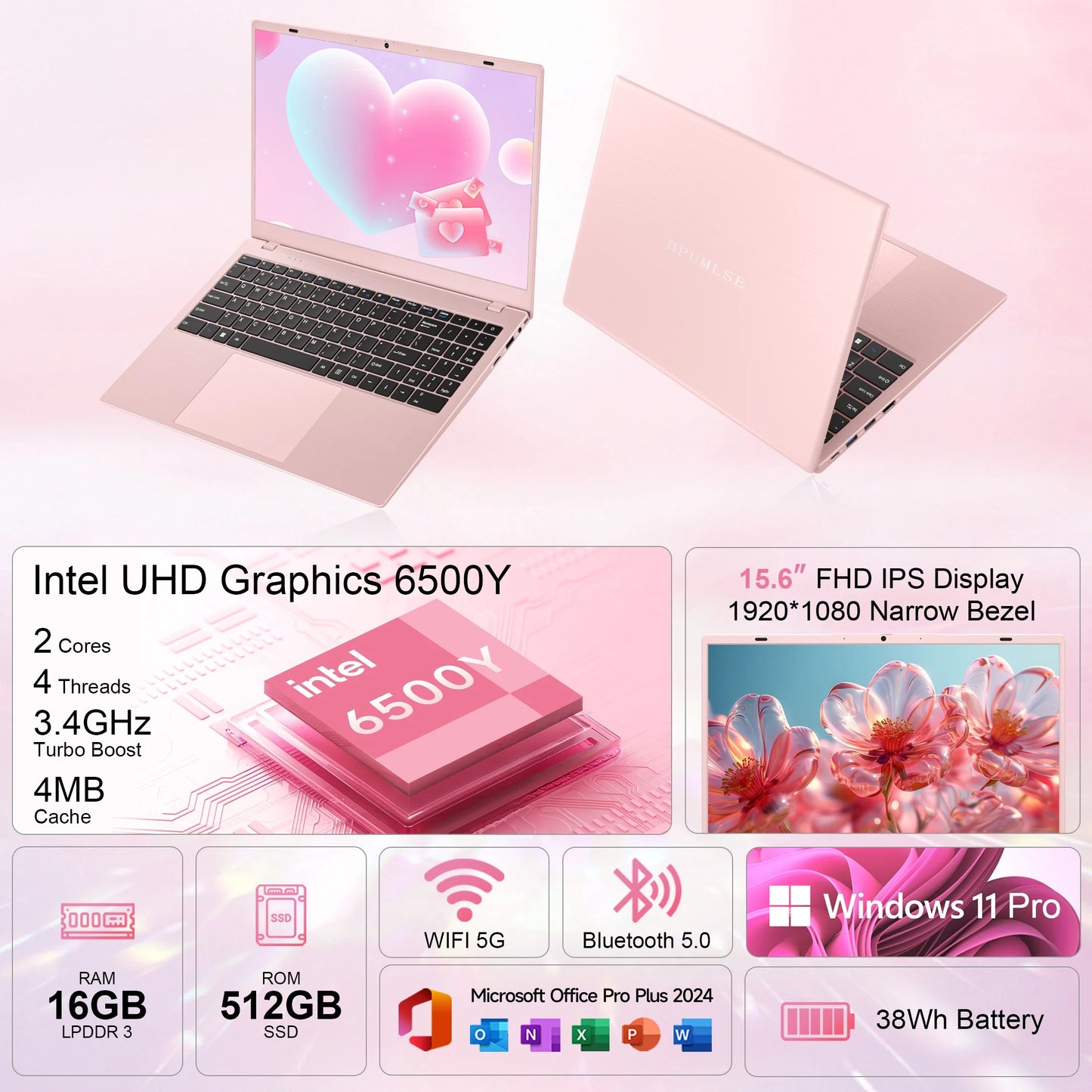 15.6" Pink Laptop Computer, 16GB RAM 512GB SSD, Intel 6500Y (Up to 3.4Ghz) with Office 2024, Windows 11 Pro Laptop, FHD Display, Wifi5 BT5.0 for Business, Student, Office