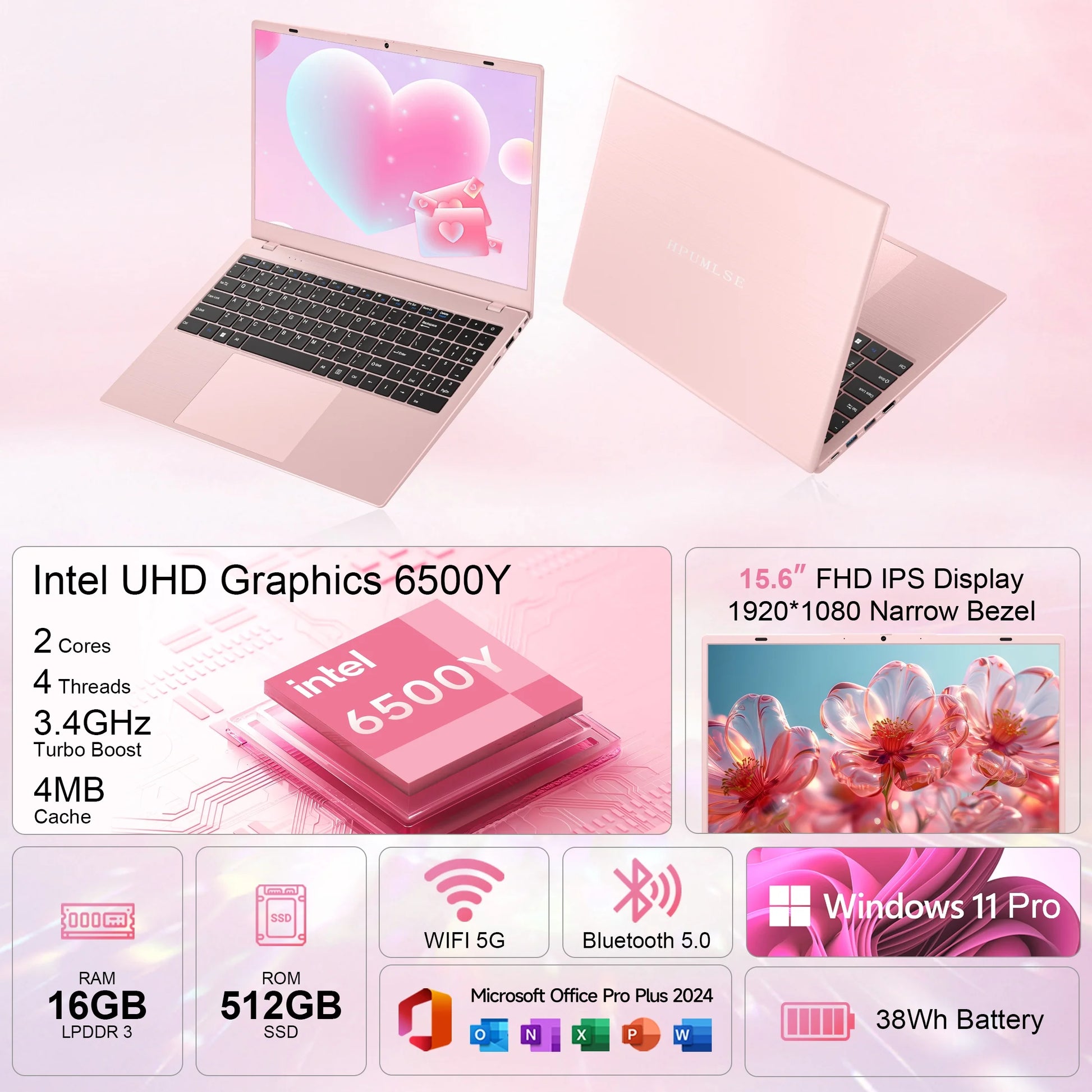15.6" Pink Laptop Computer, 16GB RAM 512GB SSD, Intel 6500Y (Up to 3.4Ghz) with Office 2024, Windows 11 Pro Laptop, FHD Display, Wifi5 BT5.0 for Business, Student, Office