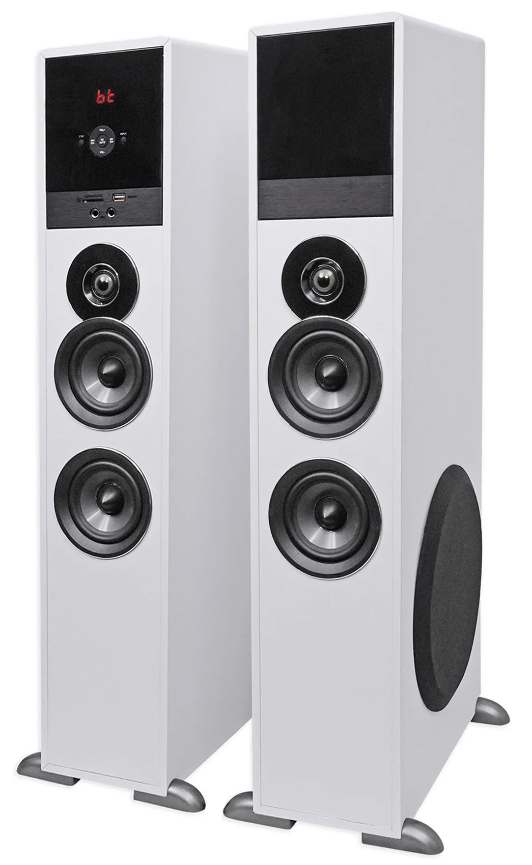 TM80W White Powered Home Theater Tower Speakers 8" Sub/Bluetooth/Usb