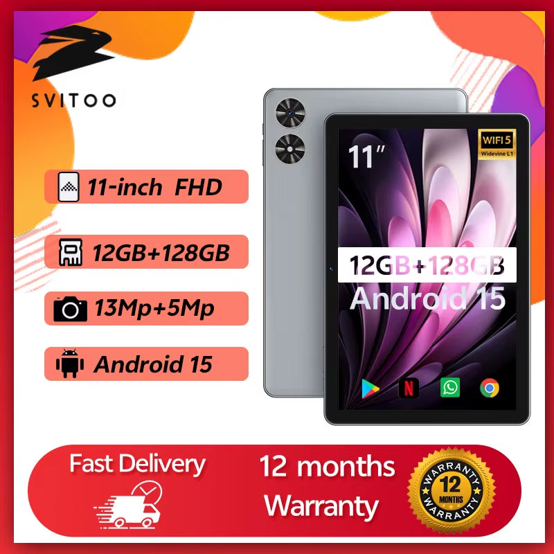 11-Inch 2025 Tablet Android 15 12GB RAM 128GB ROM Octa Core 8000Mah Android Tablet PC 13MP+5MP HD Android Tablets