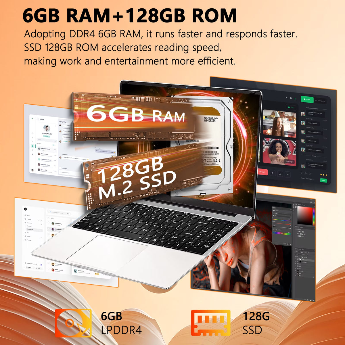 14.1" Laptop Computer, 6GB RAM 128GB SSD, Intel N3450 , HD Display, Windows 11 , Wifi5 BT5.0, Laptop for Business, Student, Office